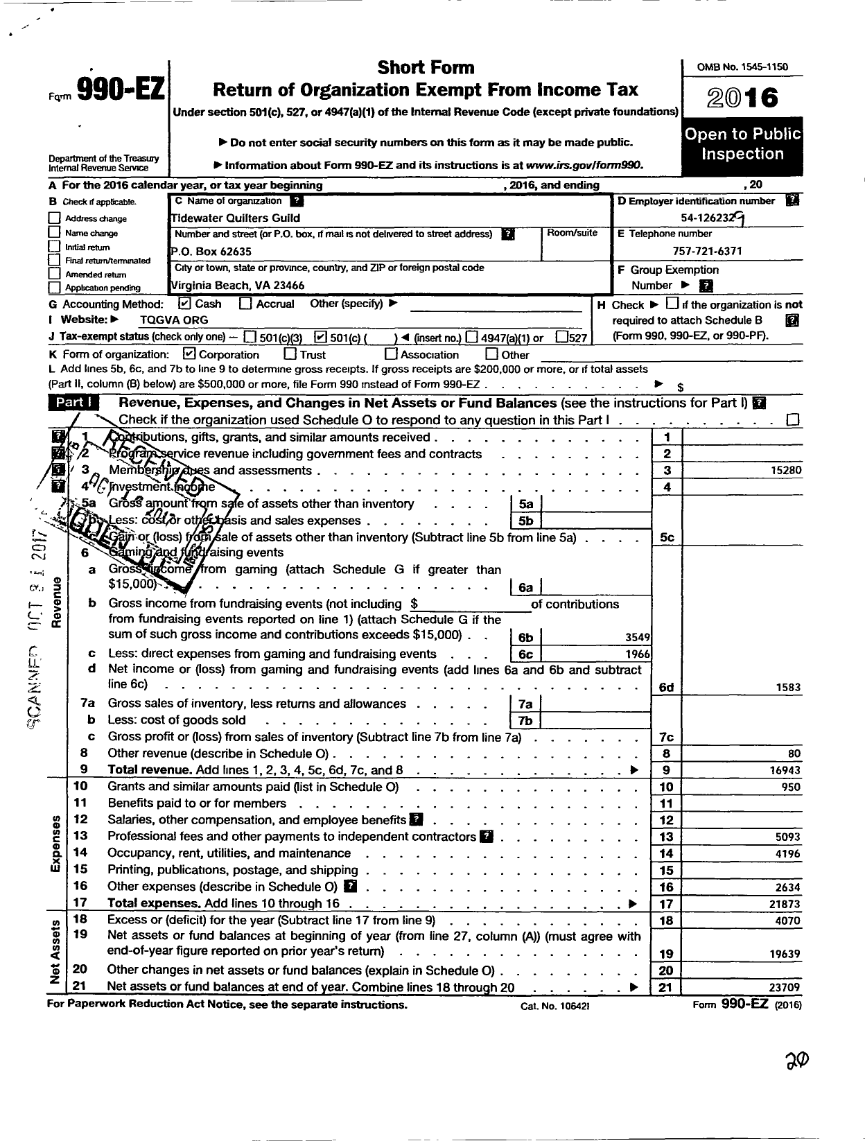 Image of first page of 2016 Form 990EO for Tidewater Quilters Guild