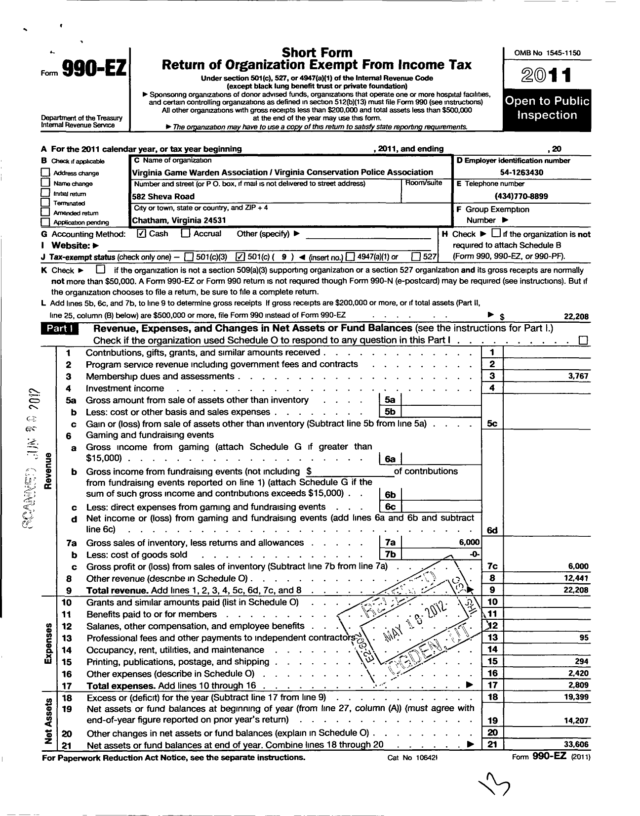 Image of first page of 2011 Form 990EO for Virginia Conservation Police Association