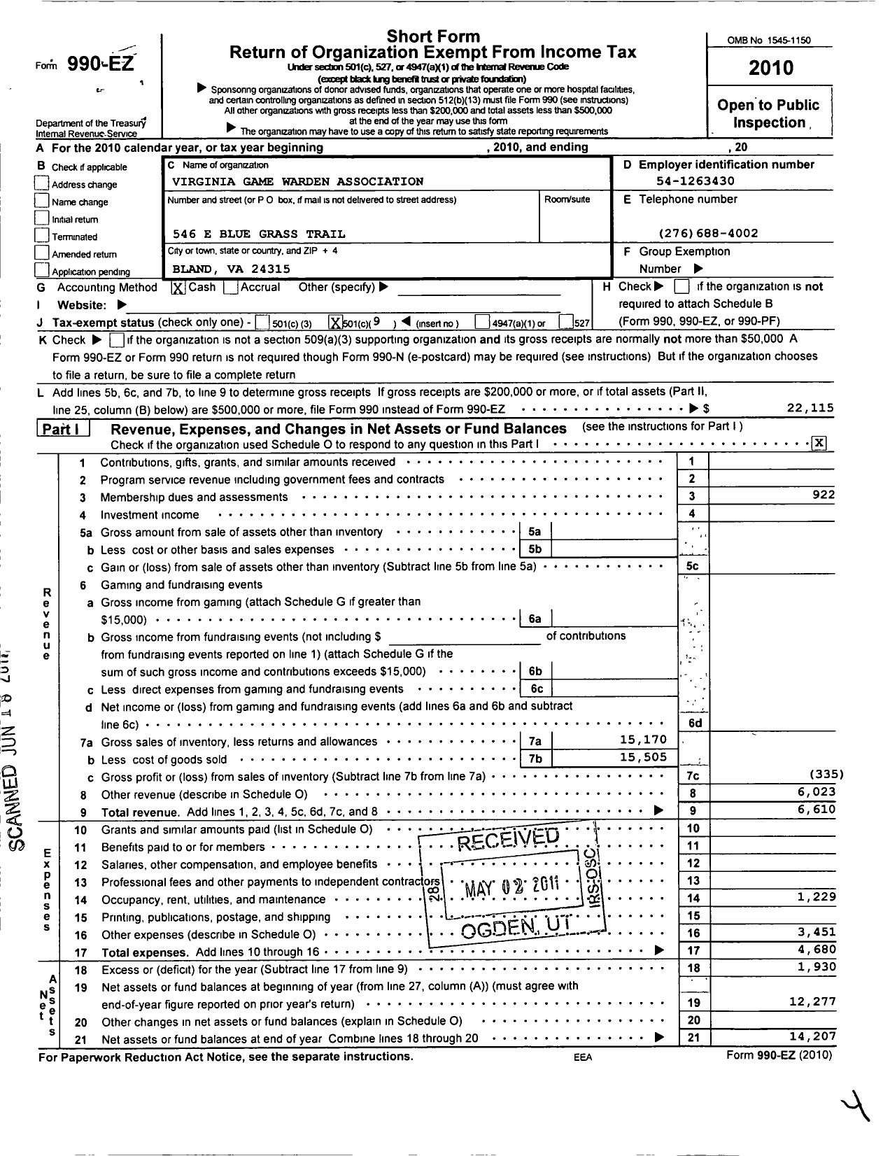 Image of first page of 2010 Form 990EO for Virginia Conservation Police Association