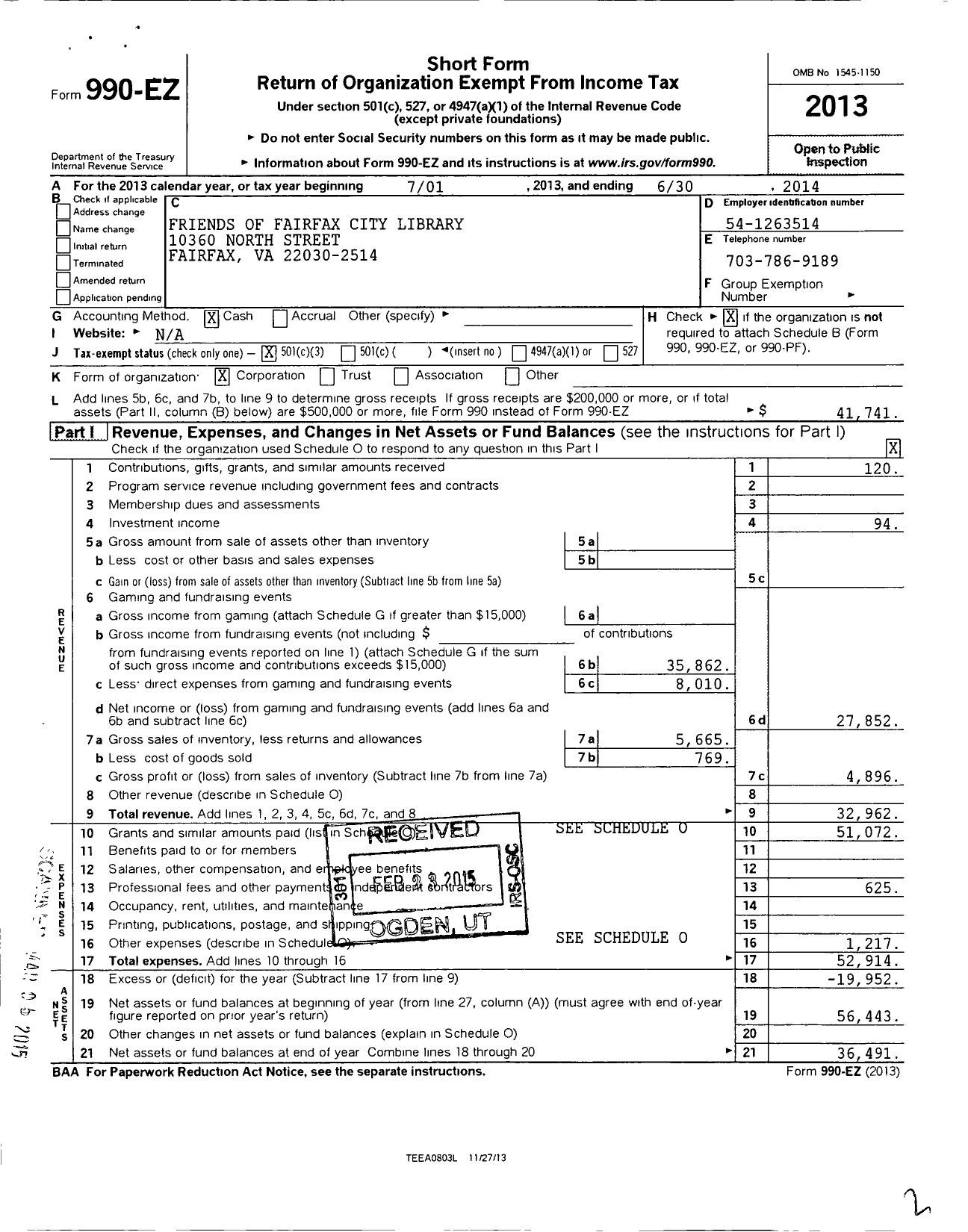 Image of first page of 2013 Form 990EZ for Friends of the Fairfax City Library