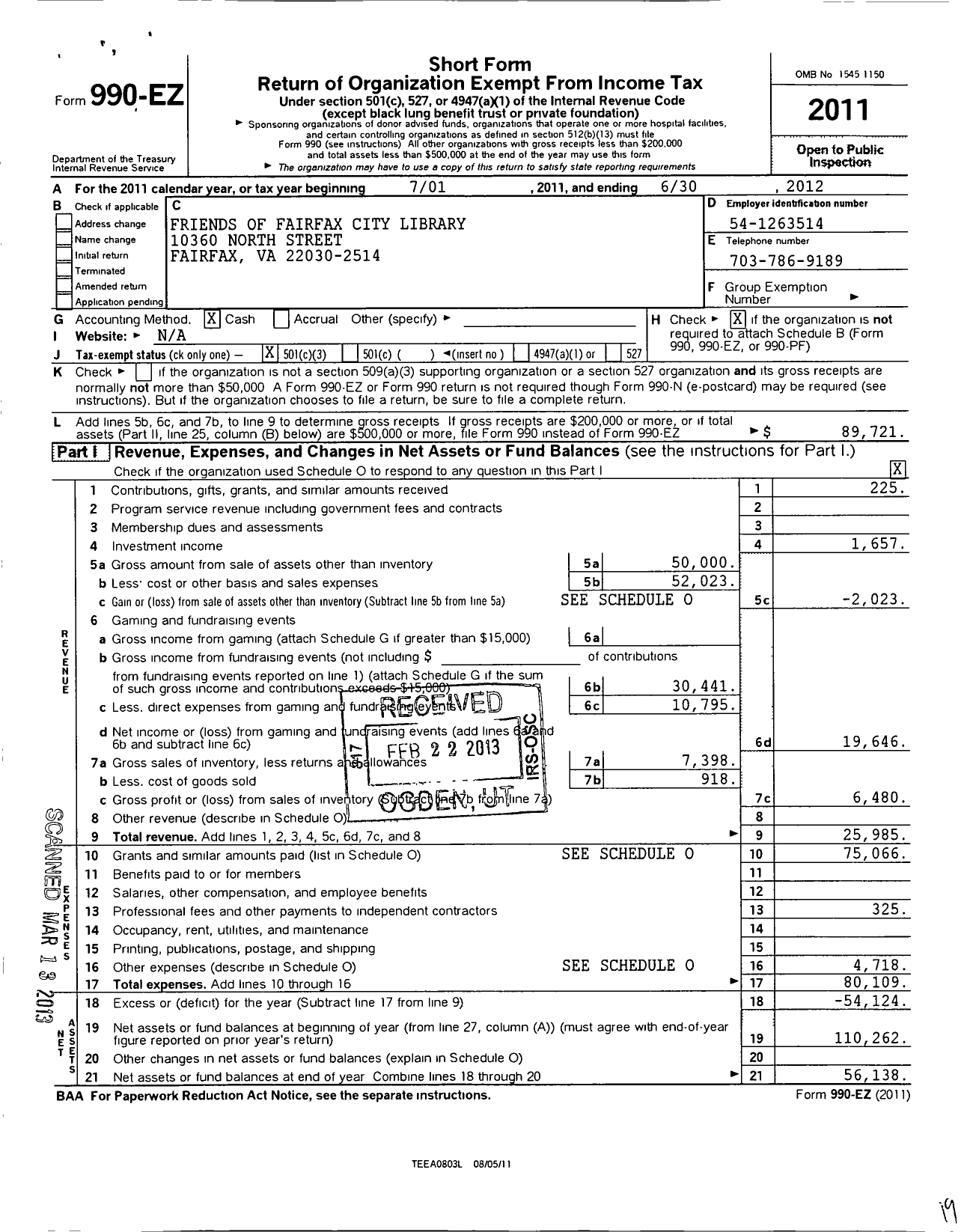 Image of first page of 2011 Form 990EZ for Friends of the Fairfax City Library