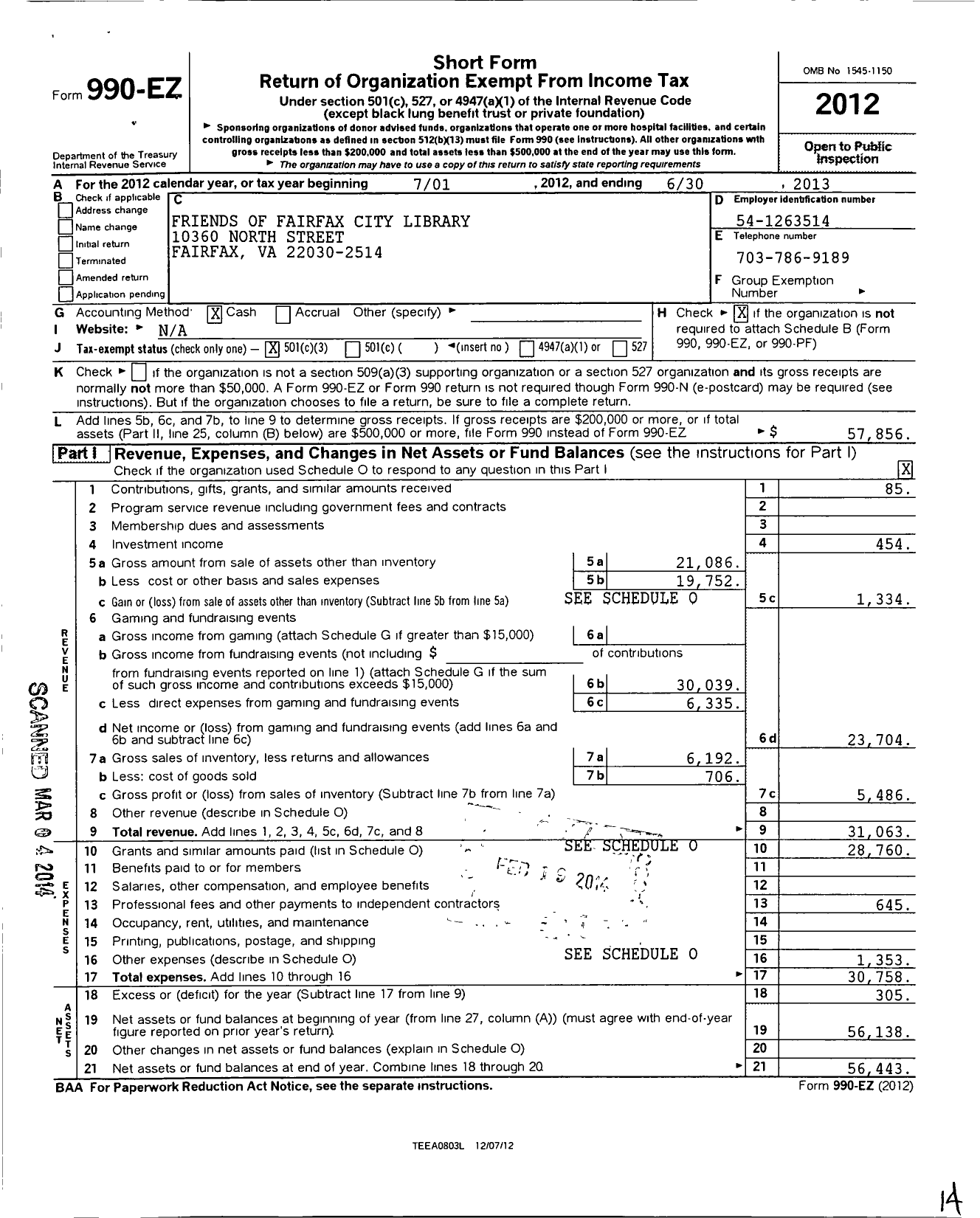 Image of first page of 2012 Form 990EZ for Friends of the Fairfax City Library