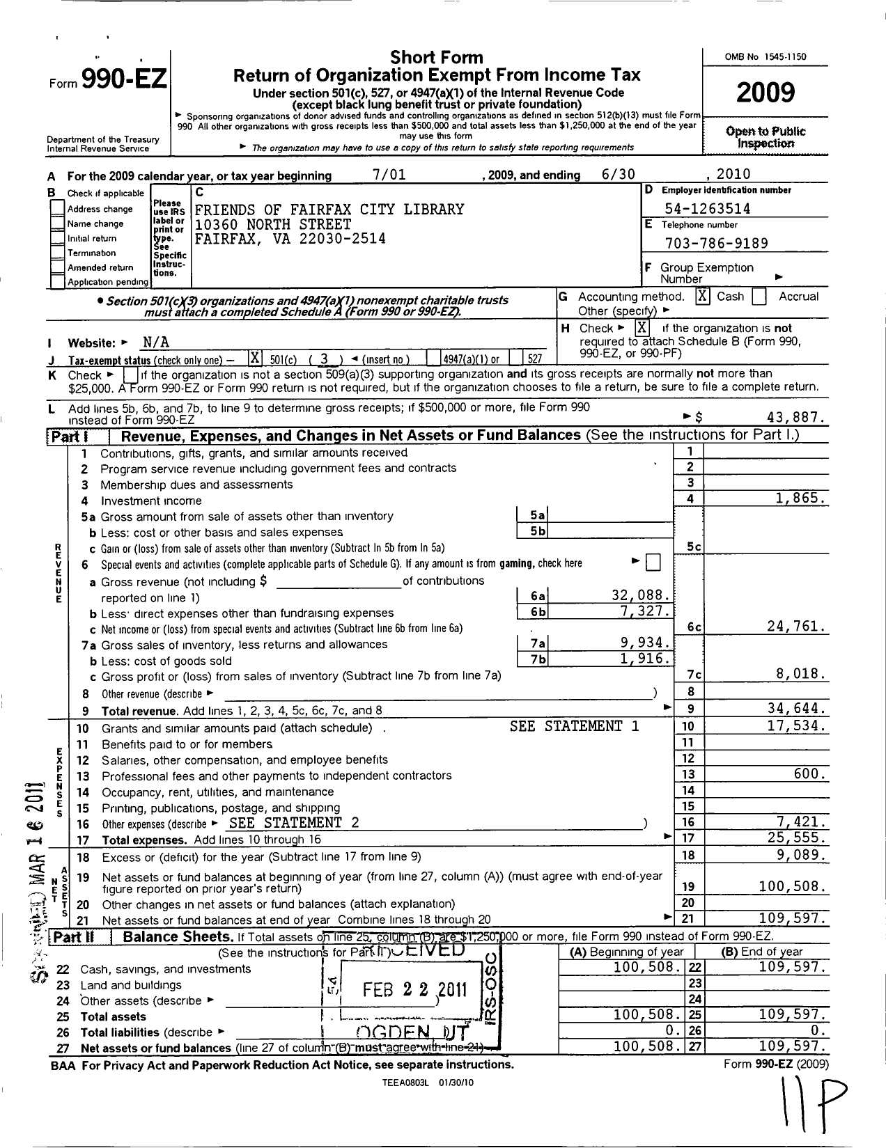 Image of first page of 2009 Form 990EZ for Friends of the Fairfax City Library