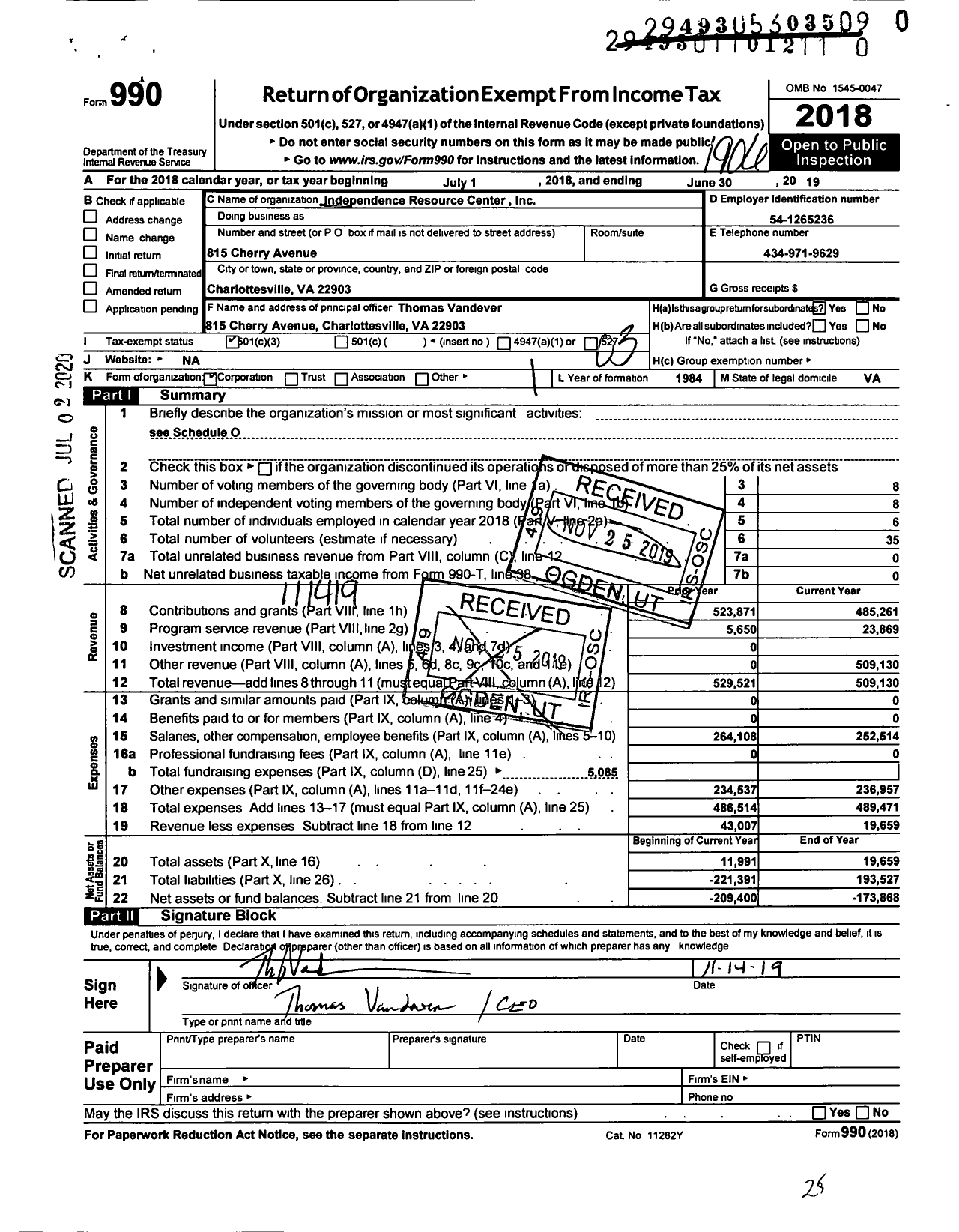 Image of first page of 2018 Form 990 for Independence Resource Center