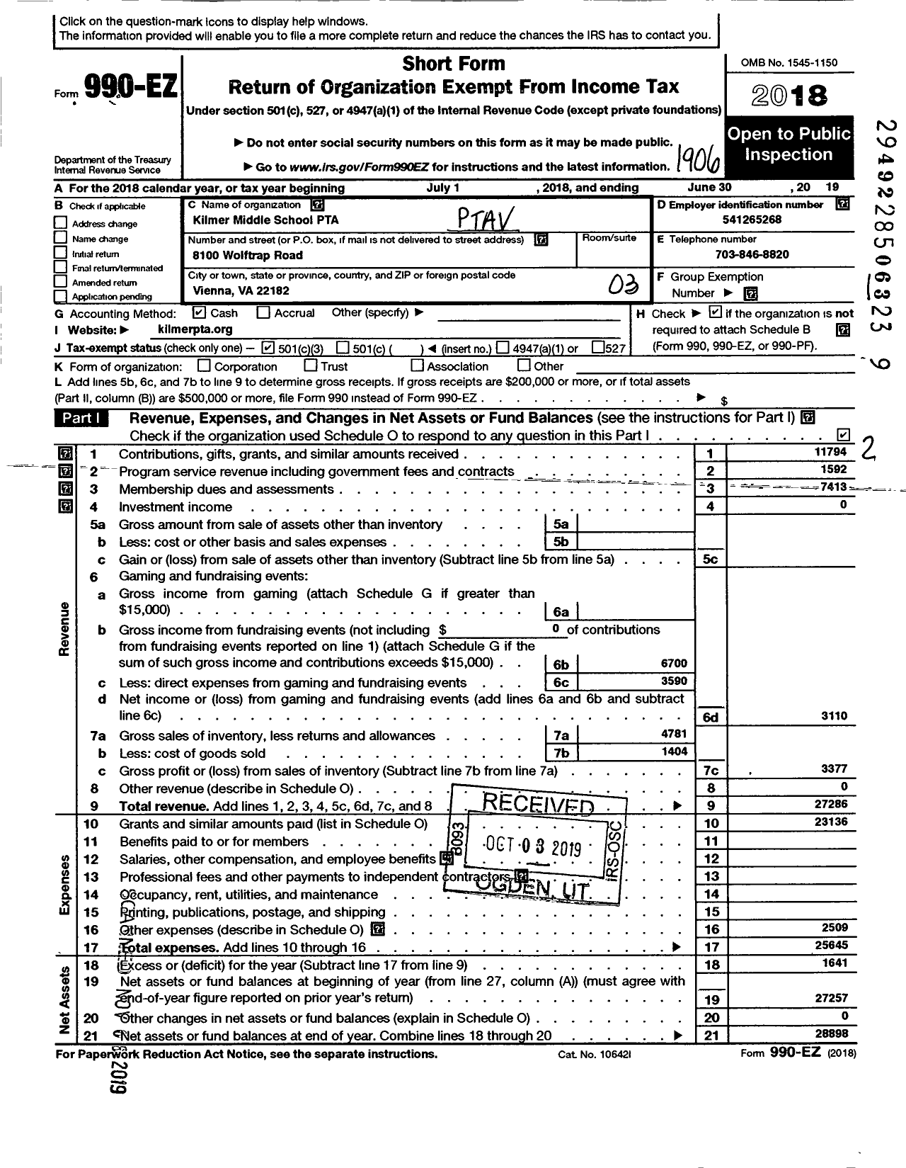 Image of first page of 2018 Form 990EZ for Virginia PTA - Joyce Kilmer Middle PTA