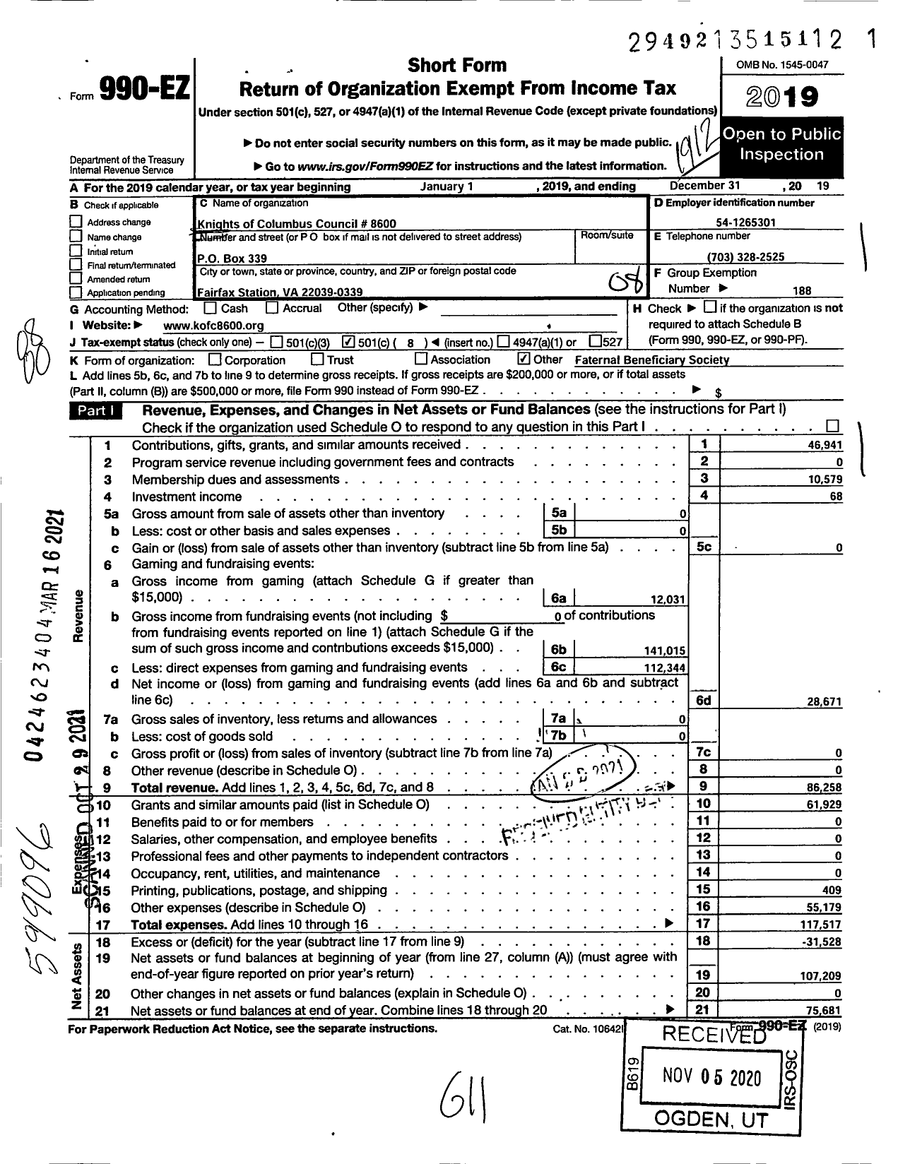 Image of first page of 2019 Form 990EO for Knights of Columbus - 8600 Sorrows Council