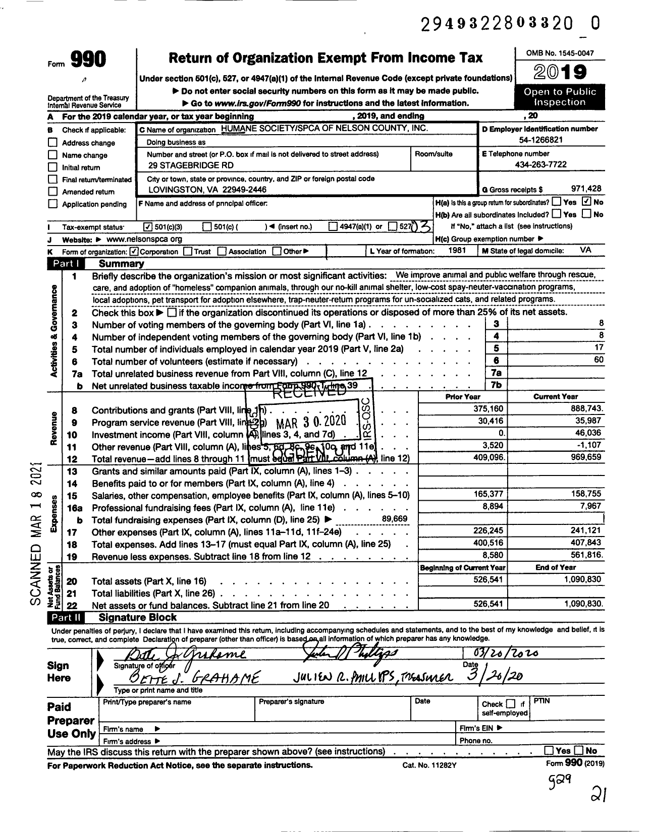 Image of first page of 2019 Form 990 for Humane Society-Spca of Nelson County