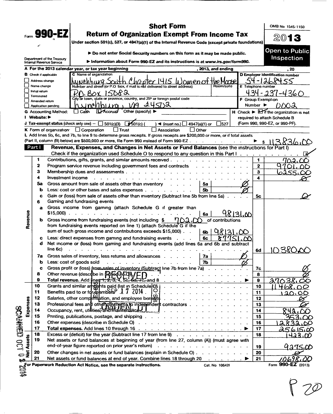 Image of first page of 2013 Form 990EO for Loyal Order of Moose - 1415