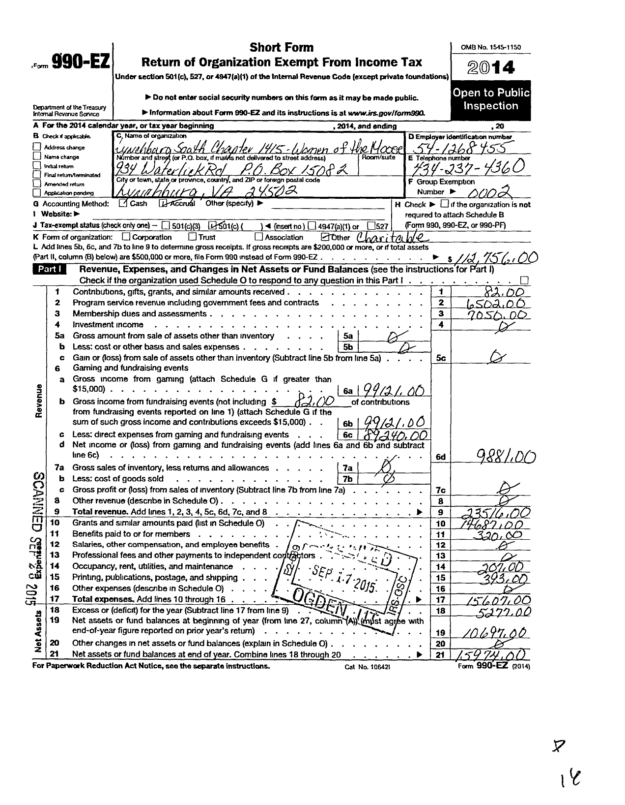 Image of first page of 2014 Form 990EO for Loyal Order of Moose - 1415