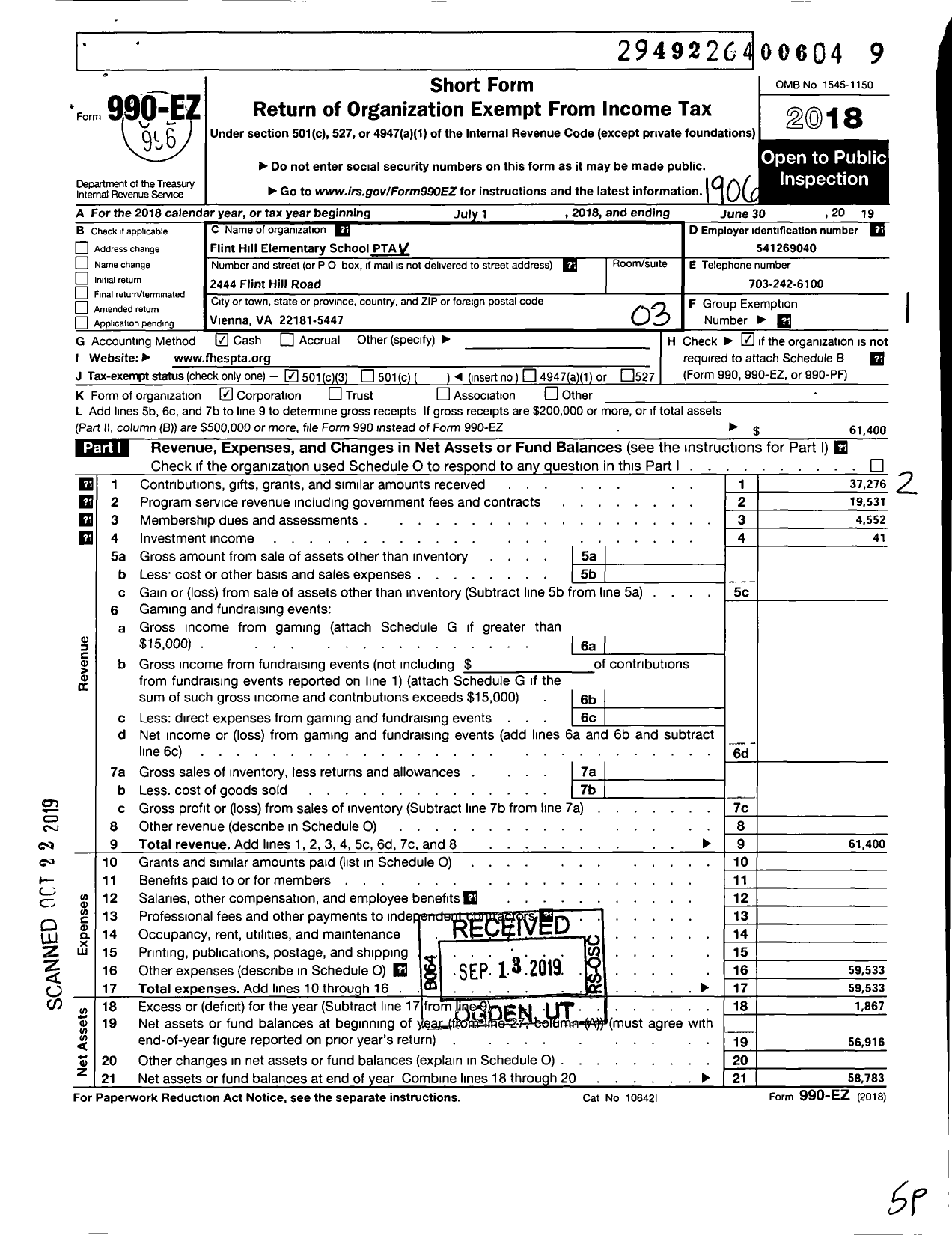 Image of first page of 2018 Form 990EZ for Virginia PTA - Flint Hill Elementary School PTA