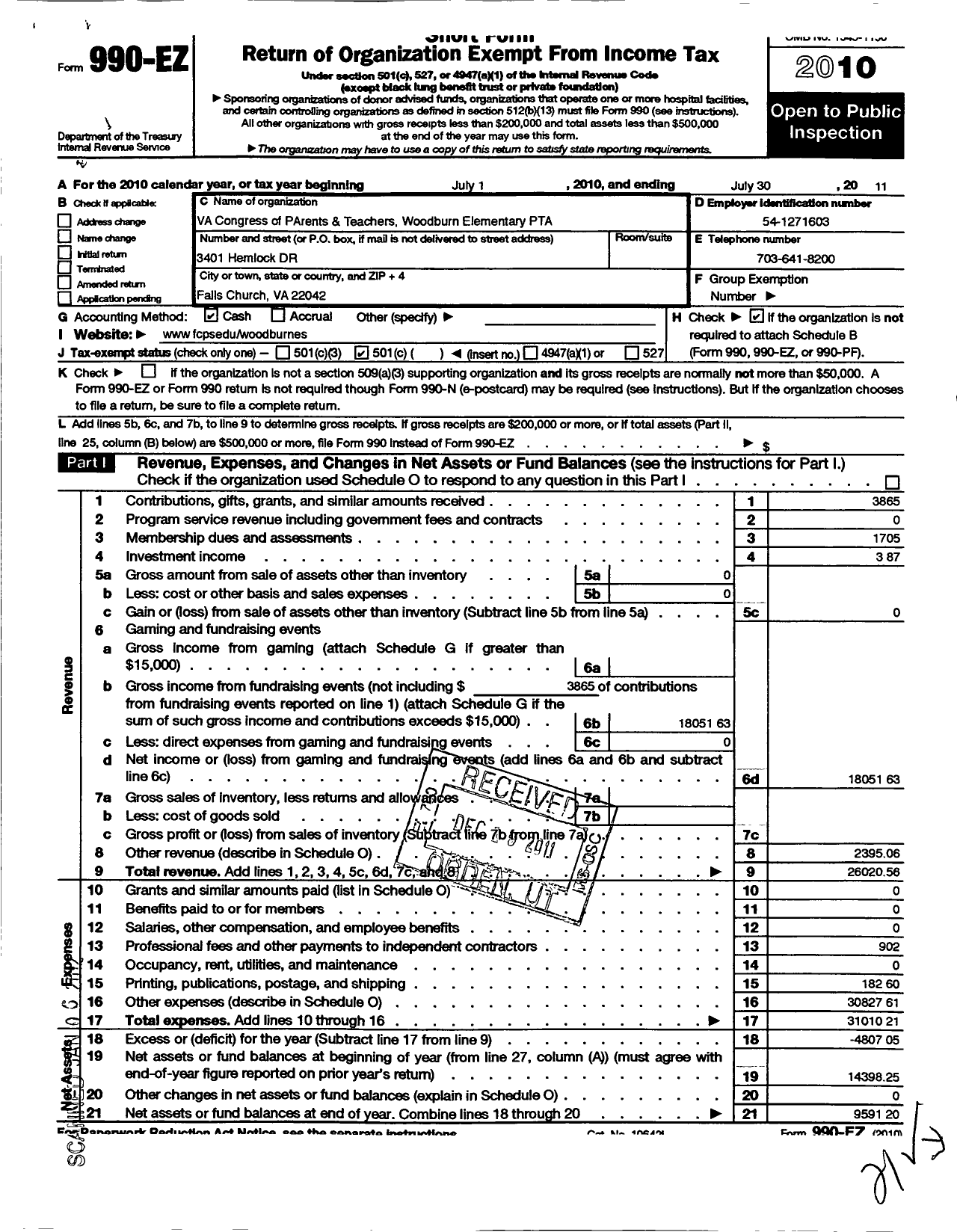 Image of first page of 2010 Form 990EO for Virginia PTA - Woodburn Elem PTA