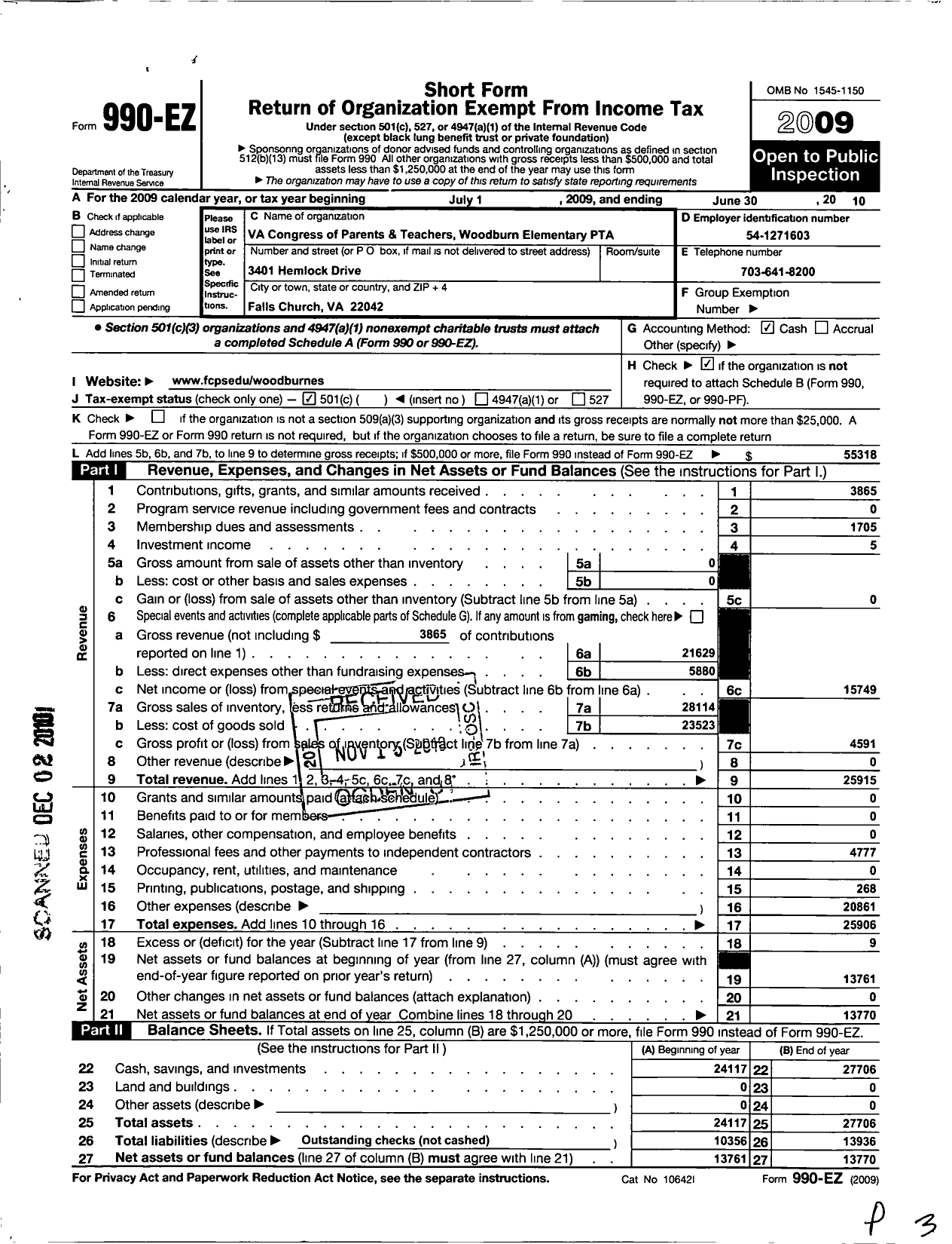 Image of first page of 2009 Form 990EO for Virginia PTA - Woodburn Elem PTA