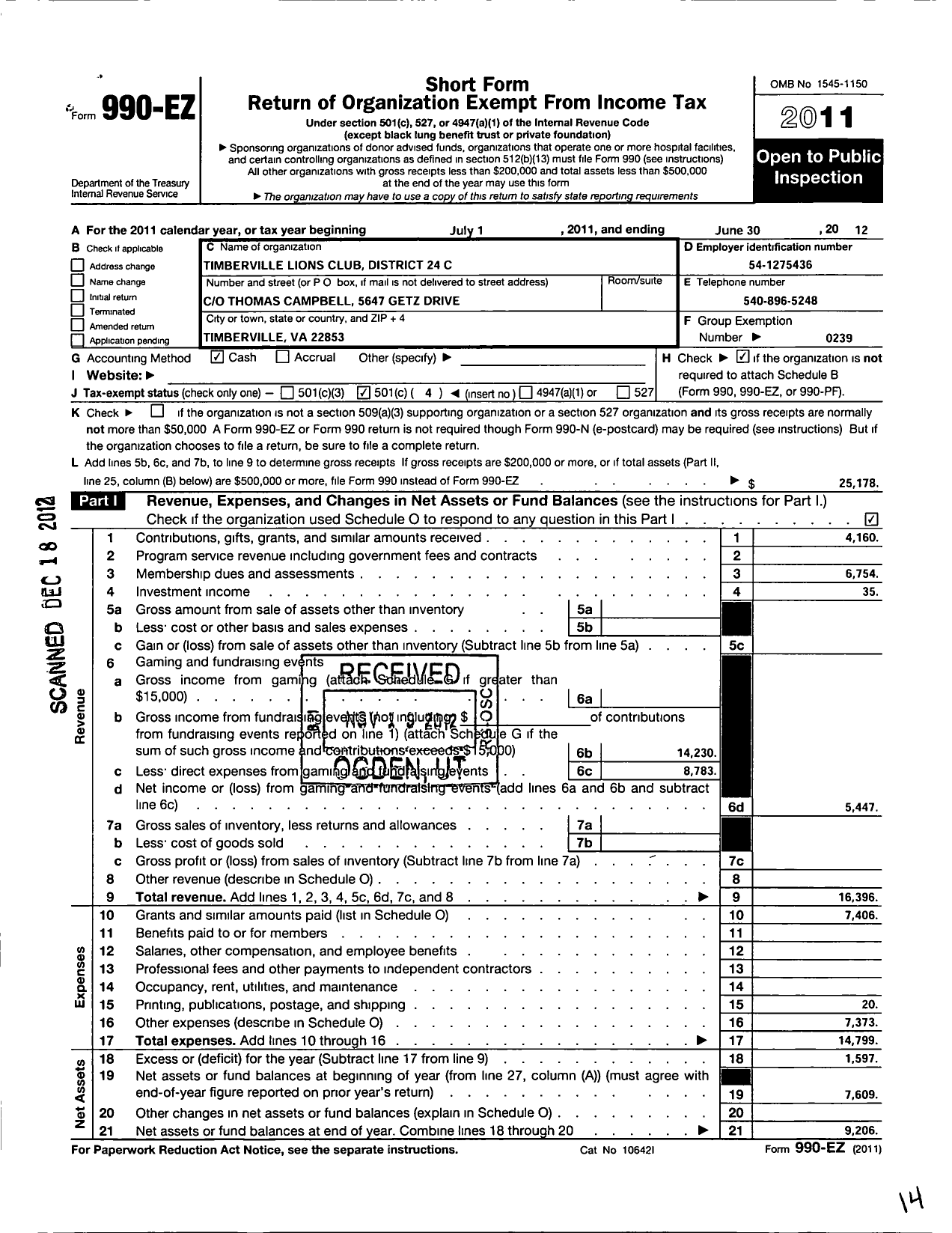 Image of first page of 2011 Form 990EO for Lions Clubs - 9261 Timberville Virginia