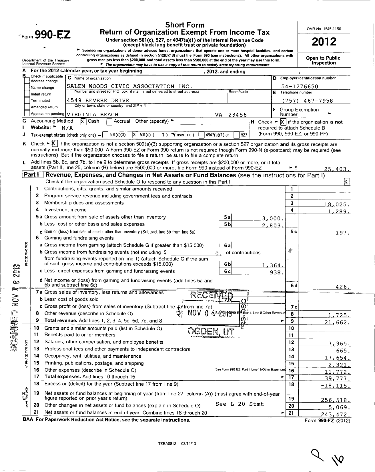 Image of first page of 2012 Form 990EO for The Salem Woods Civic Association