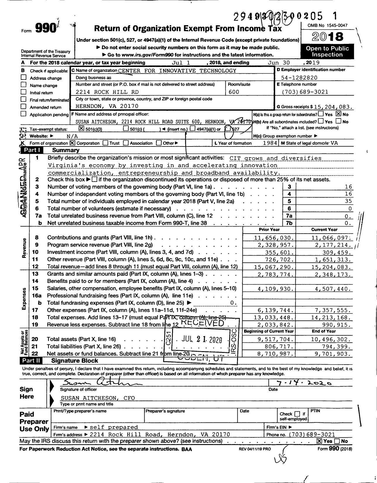 Image of first page of 2018 Form 990 for Virginia Innovation Partnership Corporation (CIT)