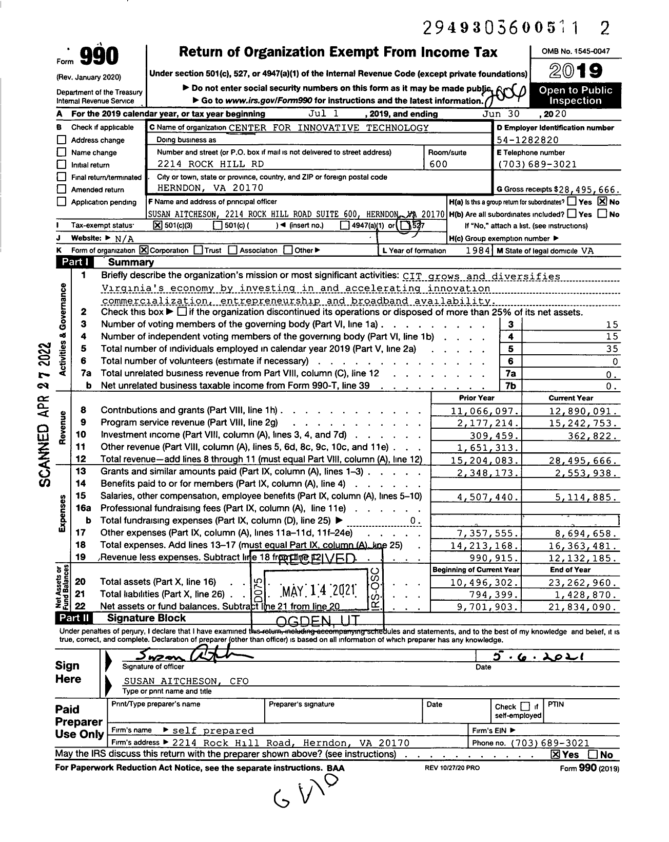 Image of first page of 2019 Form 990 for Virginia Innovation Partnership Corporation (CIT)