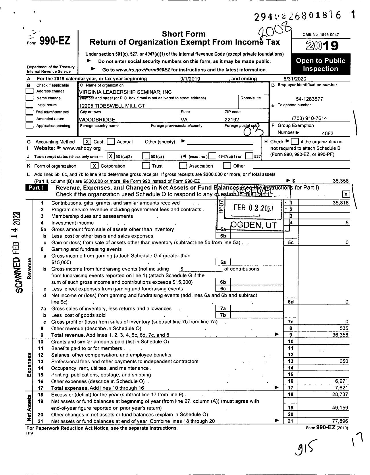 Image of first page of 2019 Form 990EZ for Virginia Leadership Seminar