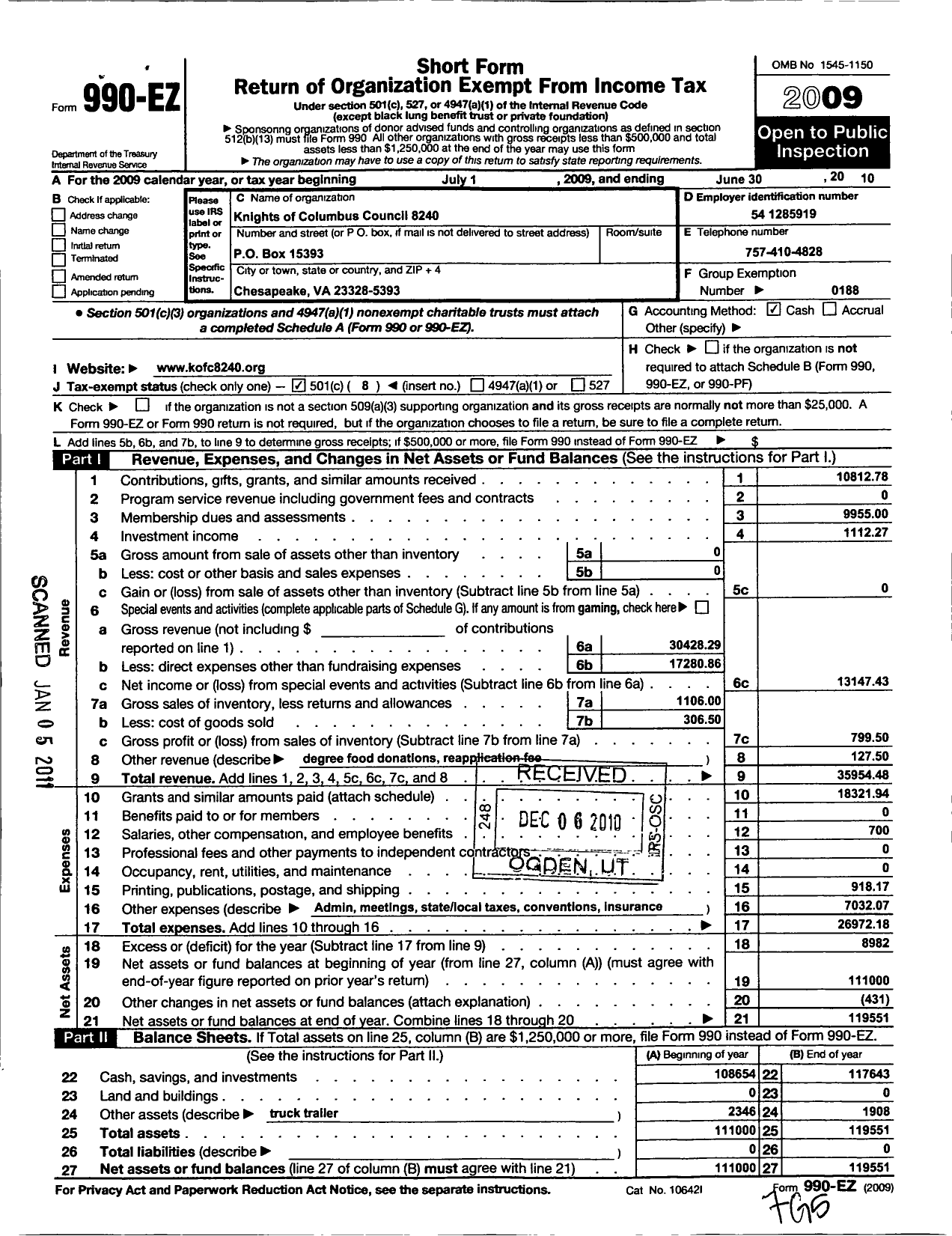 Image of first page of 2009 Form 990EO for Knights of Columbus - 8240 Council Chesapeake