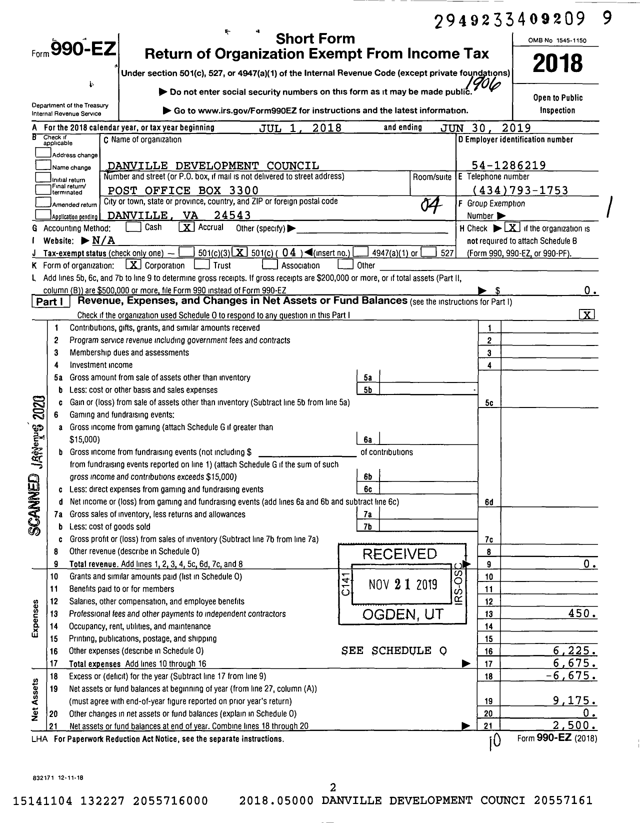 Image of first page of 2018 Form 990EO for Danville Development Council