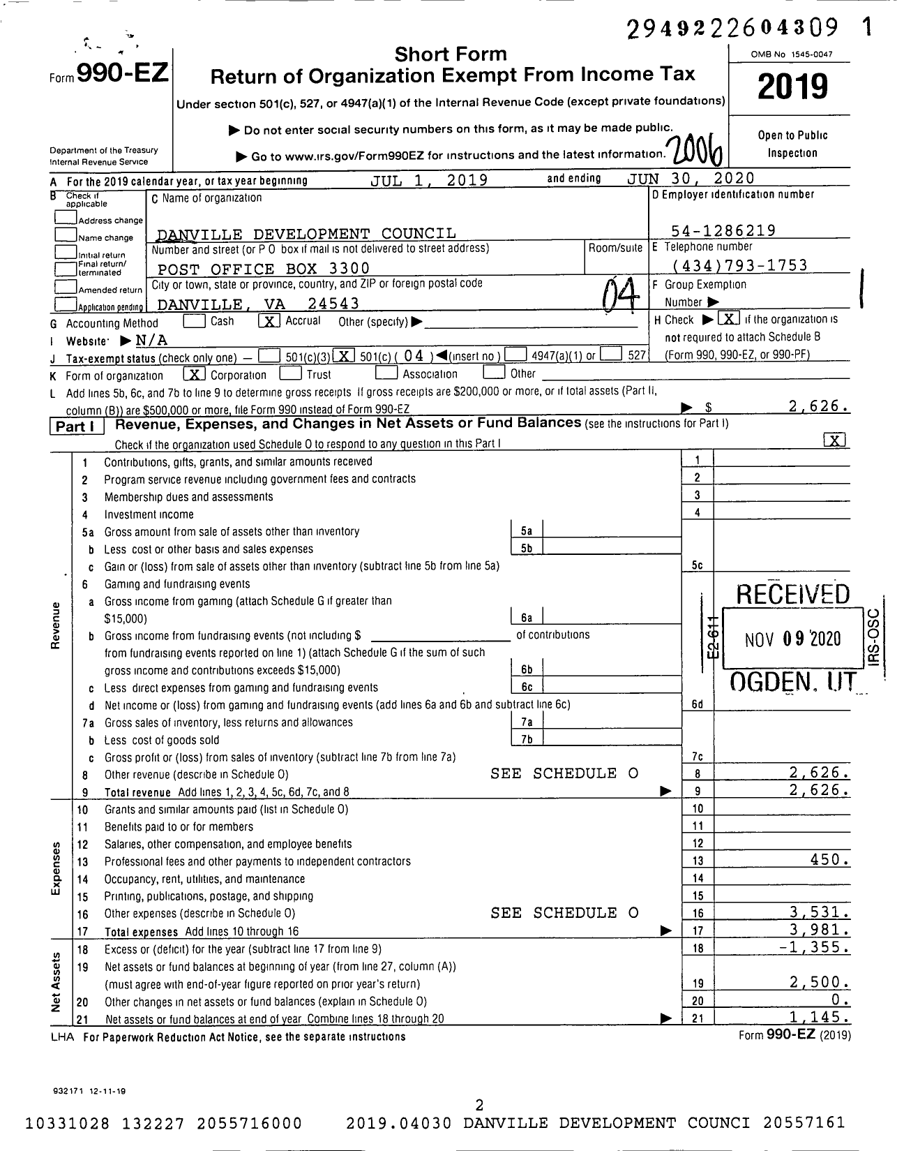 Image of first page of 2019 Form 990EO for Danville Development Council