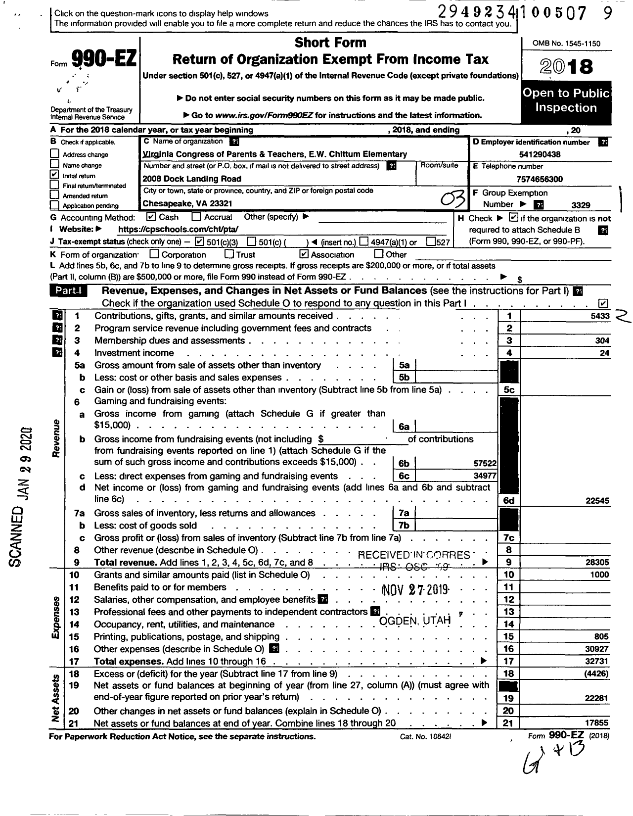 Image of first page of 2018 Form 990EZ for Virginia PTA - E W Chittum Elem PTA