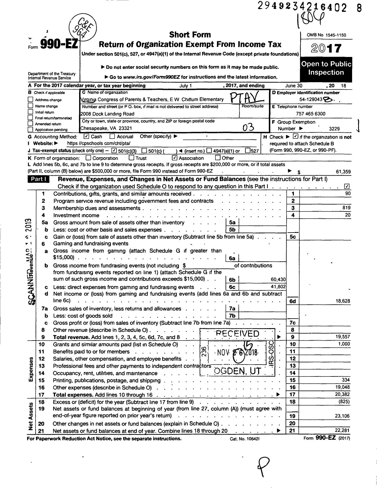 Image of first page of 2017 Form 990EZ for Virginia PTA - E W Chittum Elem PTA