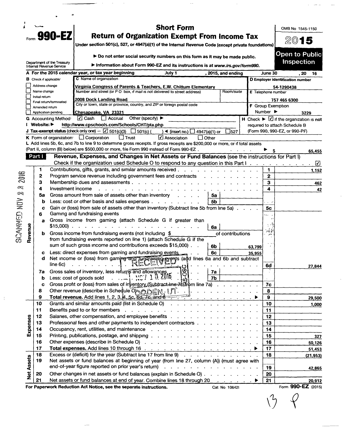 Image of first page of 2015 Form 990EZ for Virginia PTA - E W Chittum Elem PTA