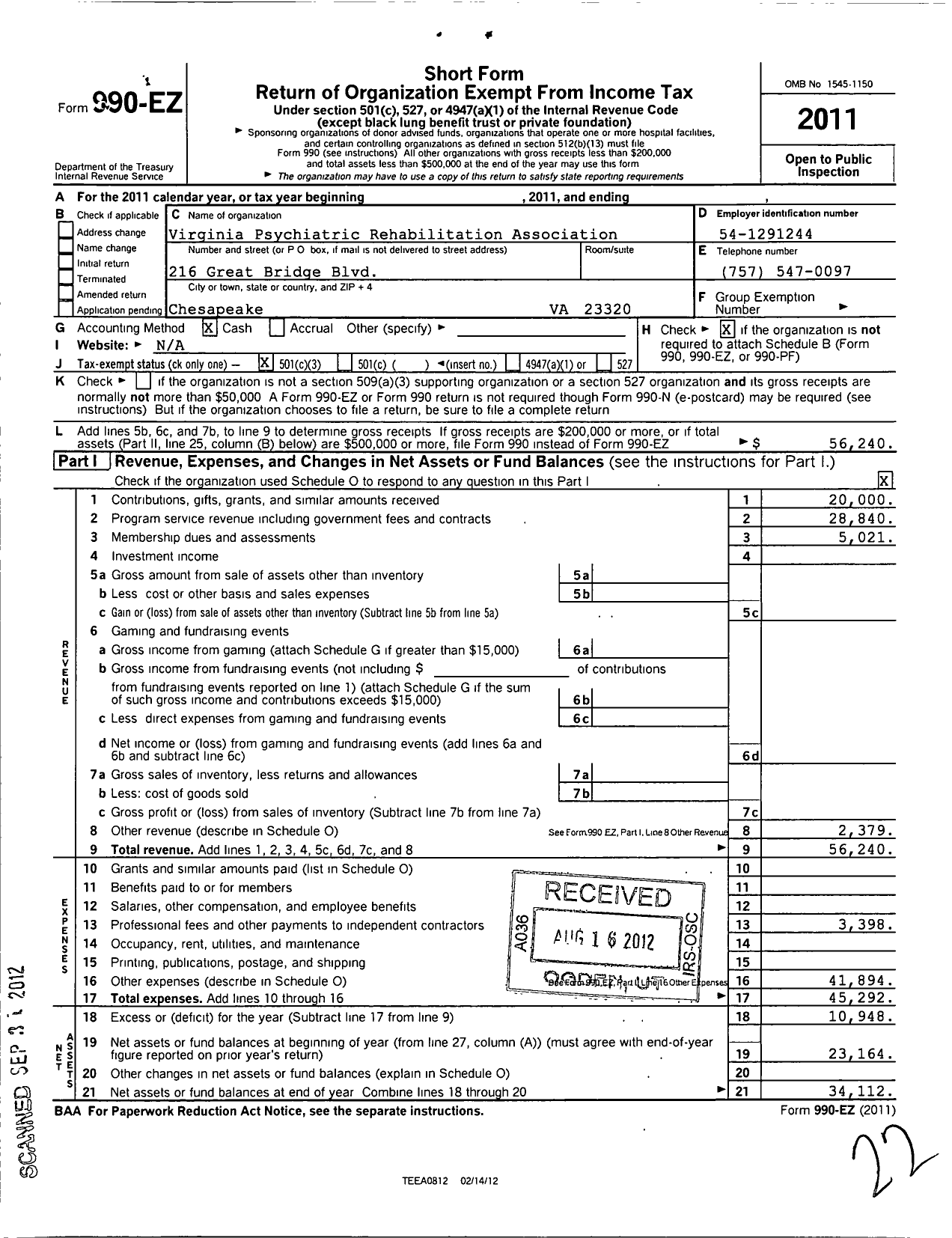 Image of first page of 2011 Form 990EZ for Virginia Psychiatric Rehabilition Association