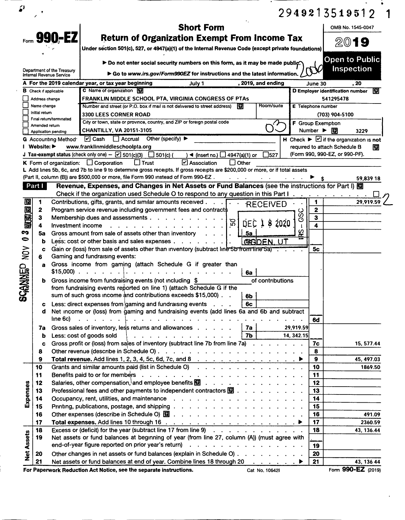 Image of first page of 2019 Form 990EZ for Virginia PTA - Franklin Middle School PTA