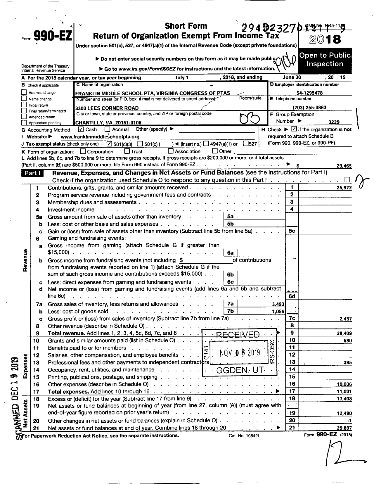 Image of first page of 2018 Form 990EZ for Virginia PTA - Franklin Middle School PTA