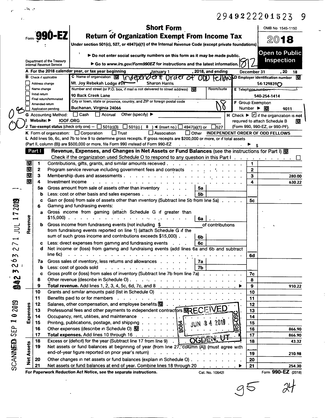 Image of first page of 2018 Form 990EO for Independent Order of Odd Fellows - 59 MT Joy Rebekah Lodge