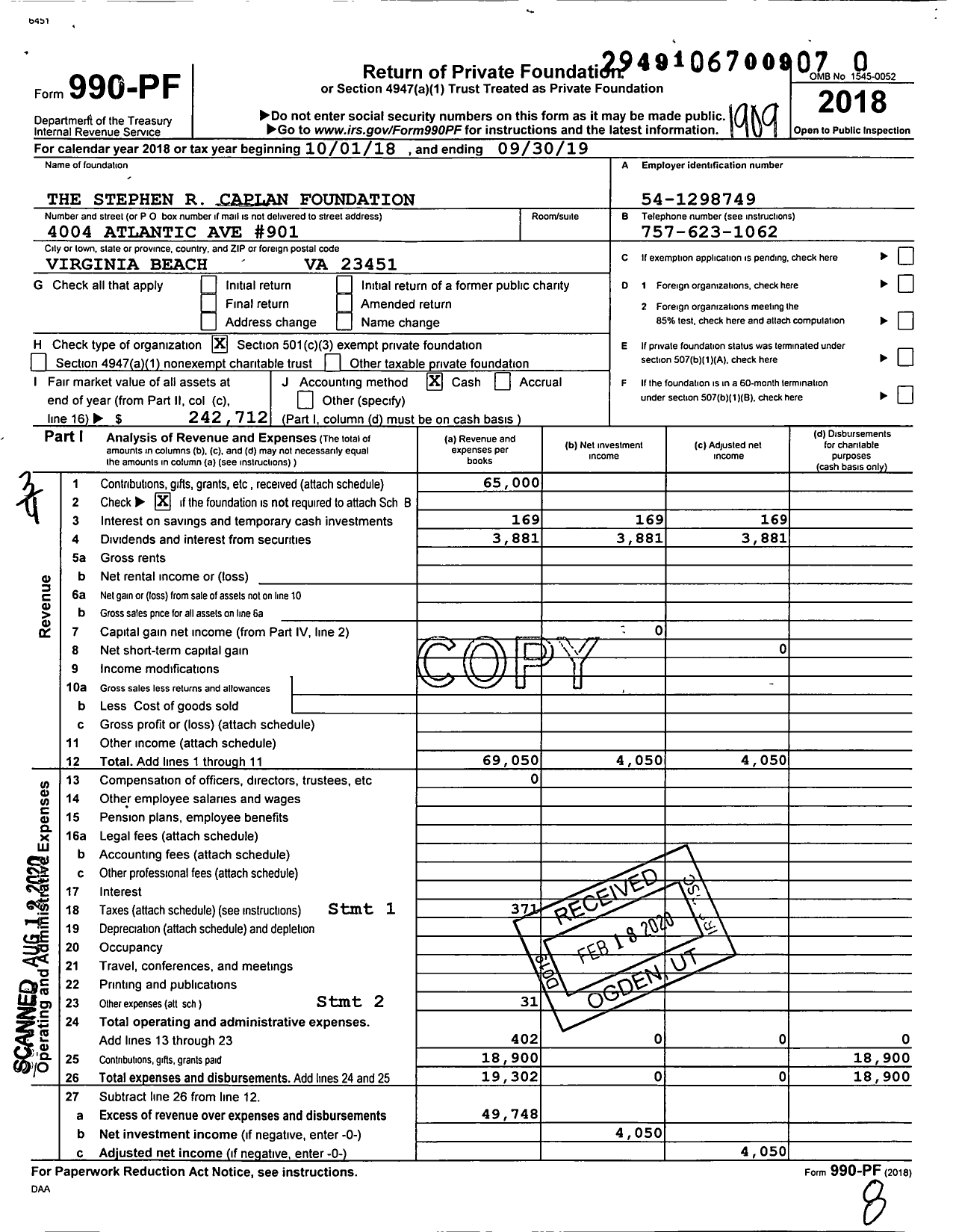 Image of first page of 2018 Form 990PR for The Stephen R Caplan Foundation