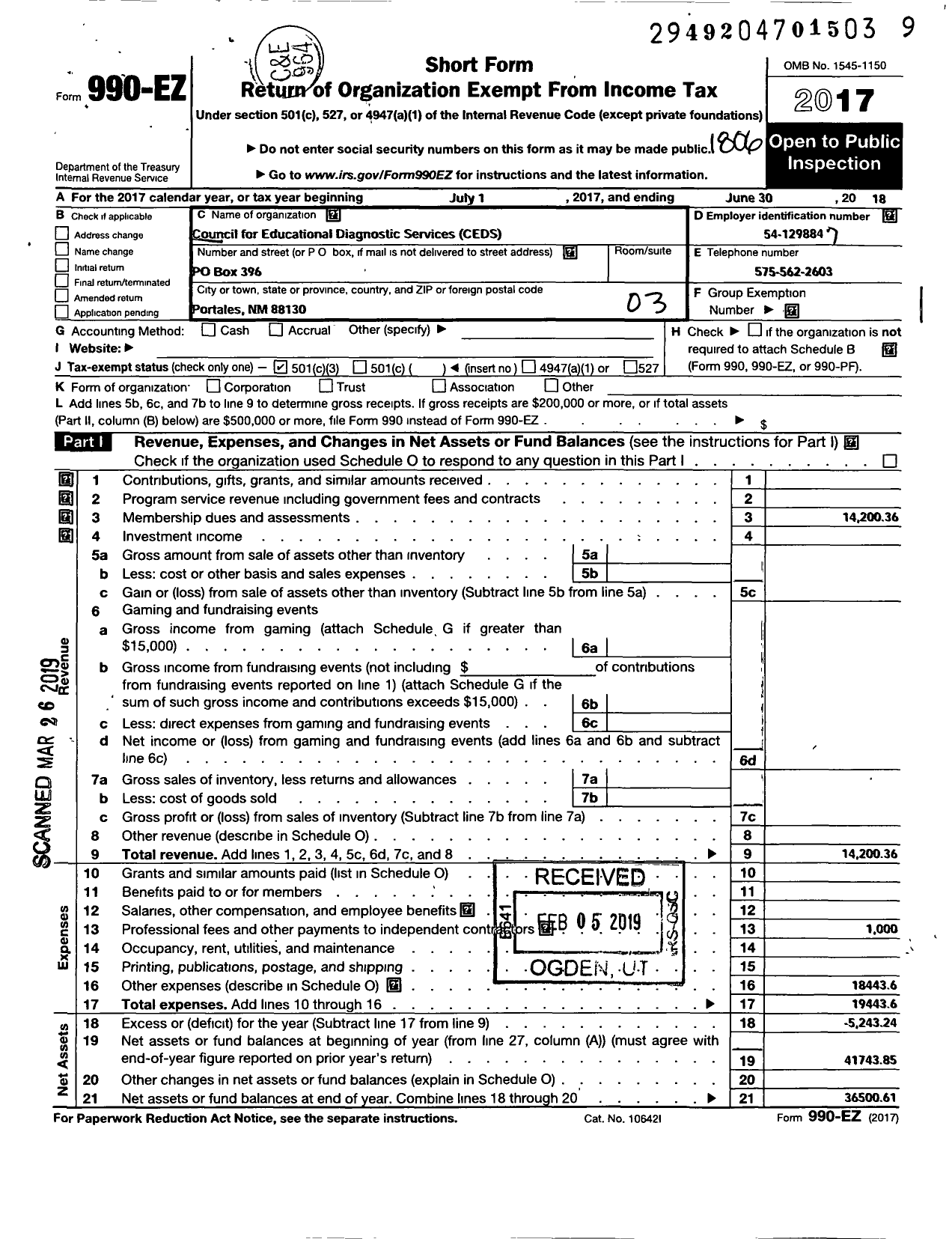 Image of first page of 2017 Form 990EZ for Ceds Council for Educational Diagnostic Services