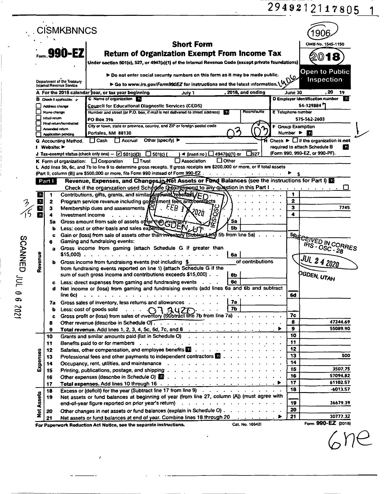 Image of first page of 2018 Form 990EZ for Ceds Council for Educational Diagnostic Services