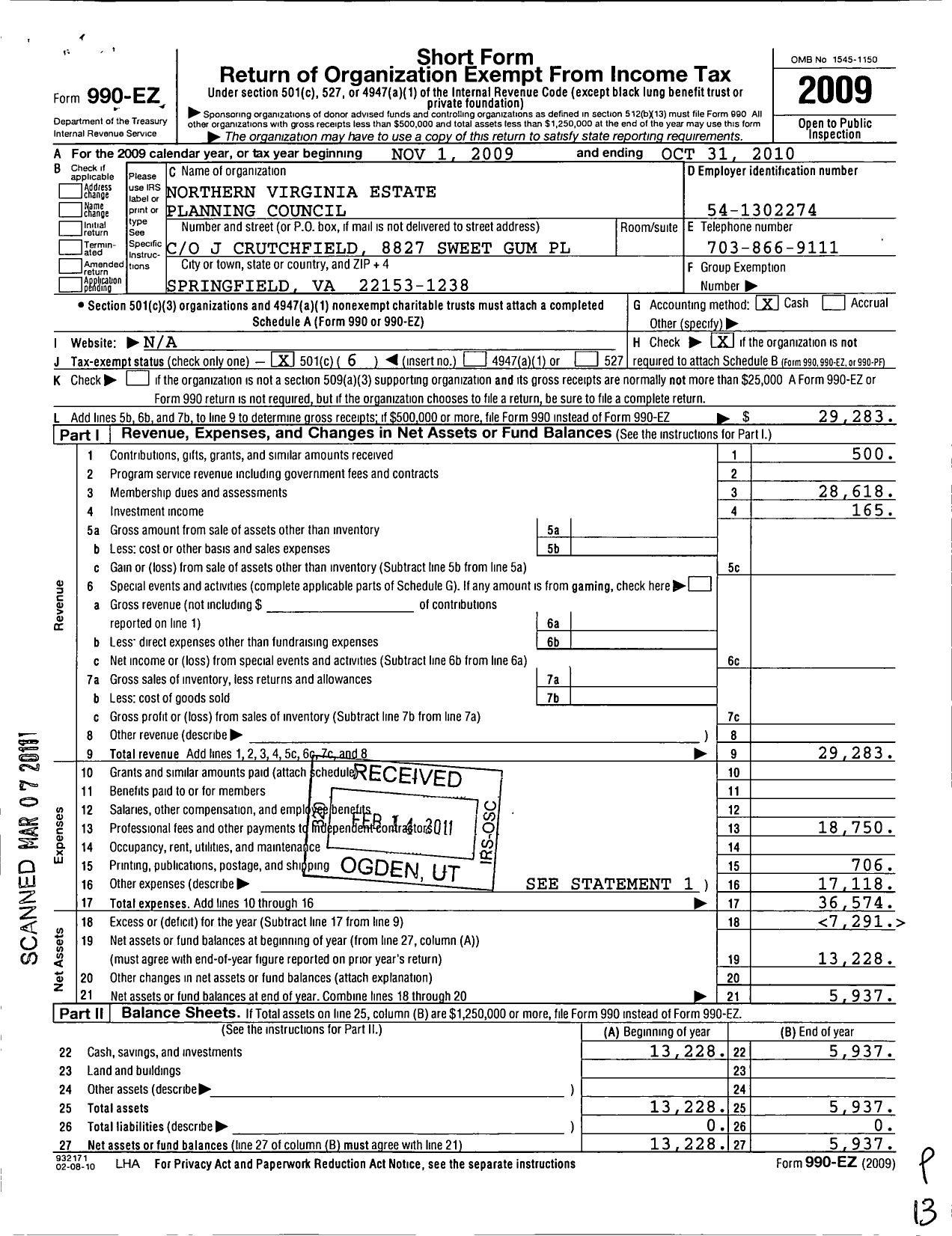 Image of first page of 2009 Form 990EO for Northern Virginia Estate Planning Council