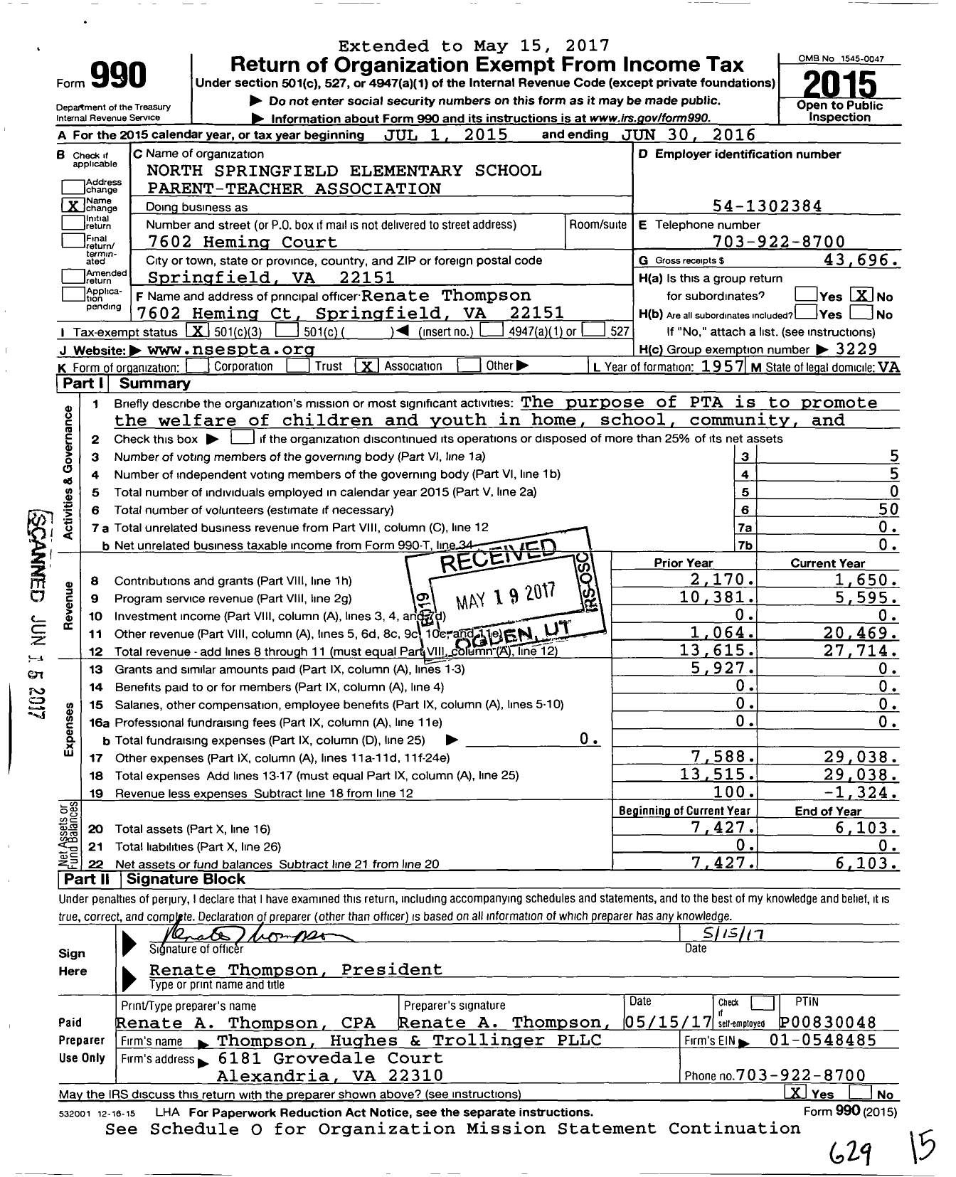 Image of first page of 2015 Form 990 for Virginia PTA - North Springfield Elementary School