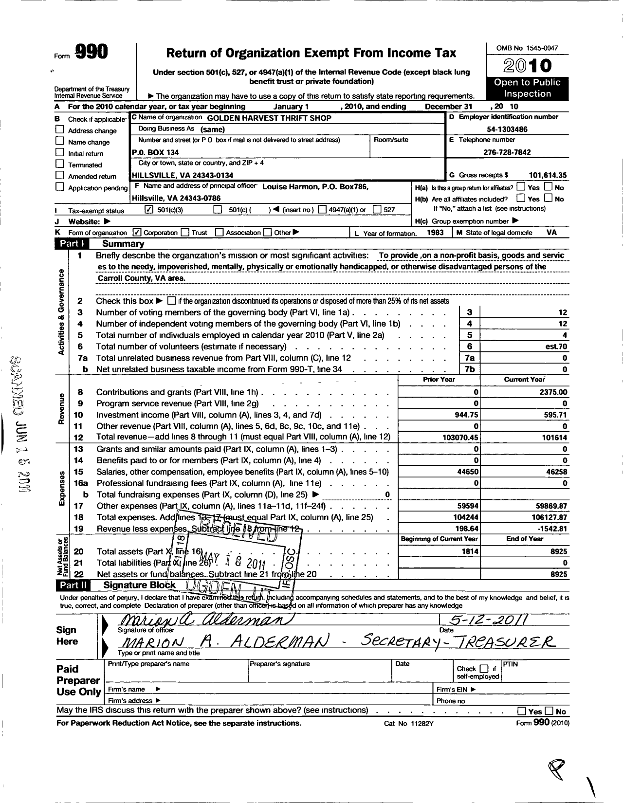 Image of first page of 2010 Form 990 for Golden Harvest Thrift Shop