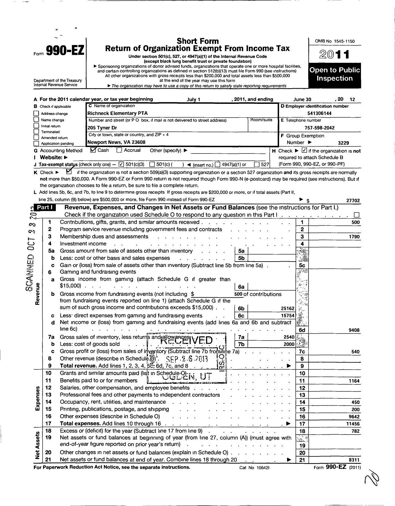 Image of first page of 2011 Form 990EZ for Virginia PTA - Richneck Elem PTA