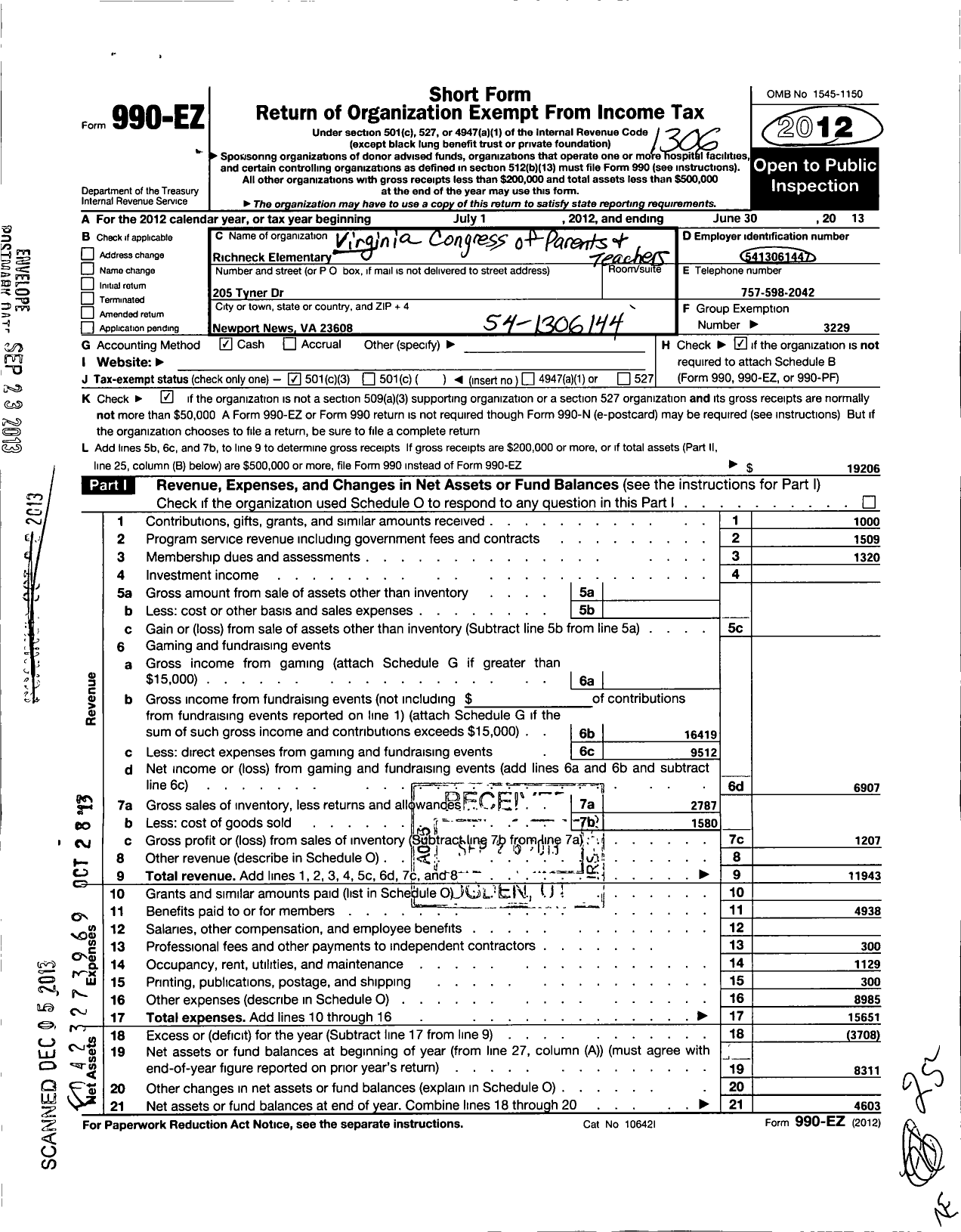 Image of first page of 2012 Form 990EZ for Virginia PTA - Richneck Elem PTA