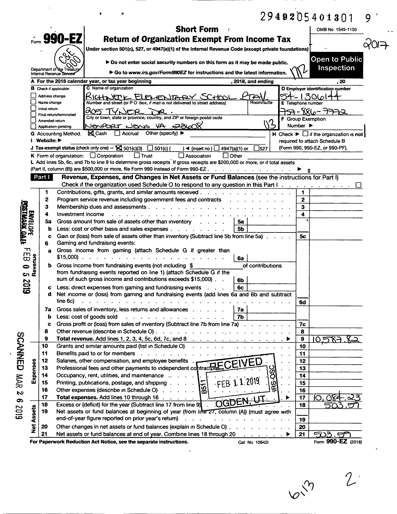 Image of first page of 2017 Form 990EZ for Virginia PTA - Richneck Elem PTA