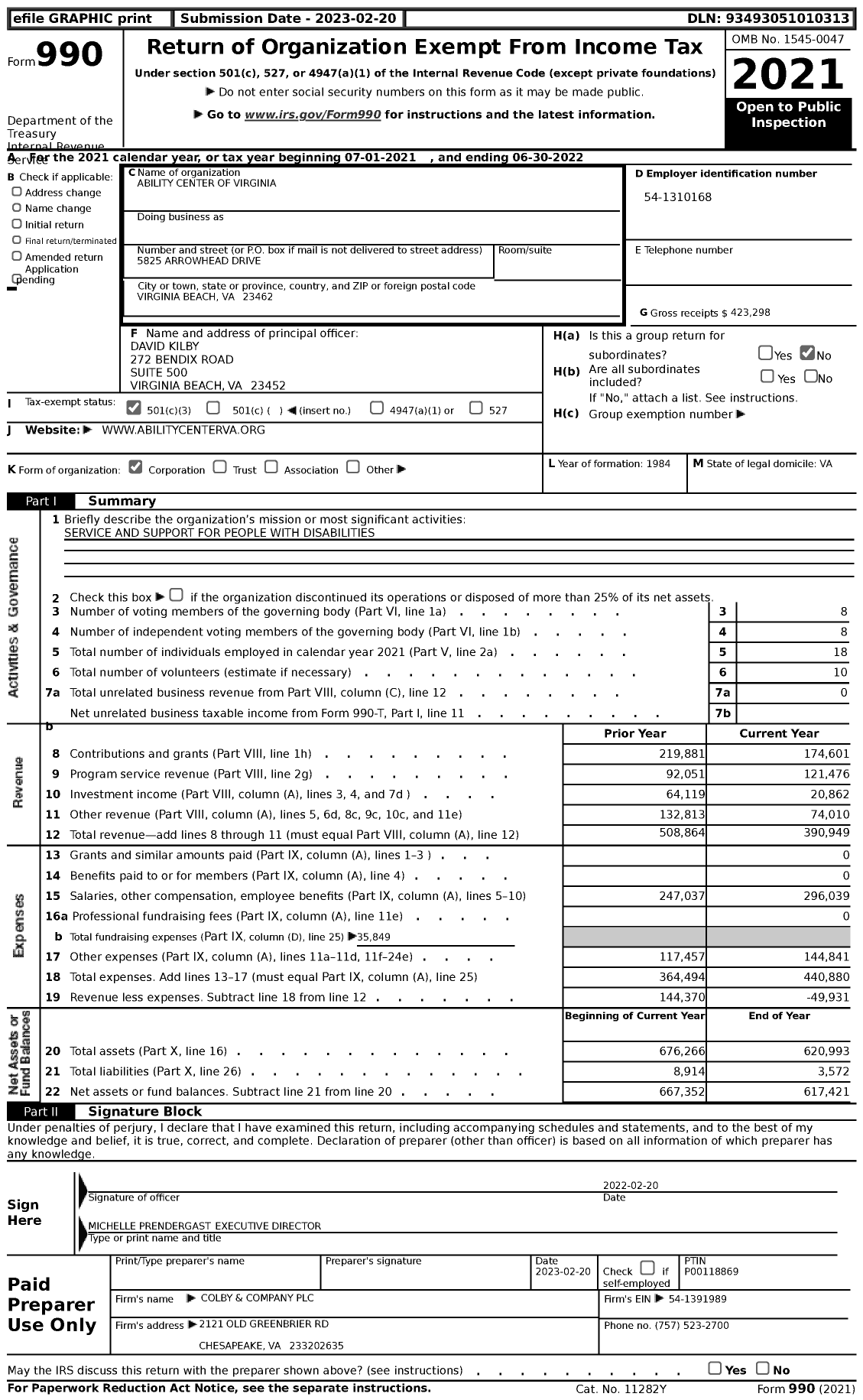Image of first page of 2021 Form 990 for Ability Center of Virginia