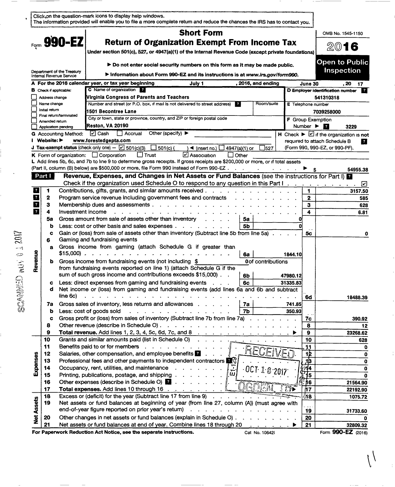 Image of first page of 2016 Form 990EZ for Virginia PTA - Forest Edge Elem PTA