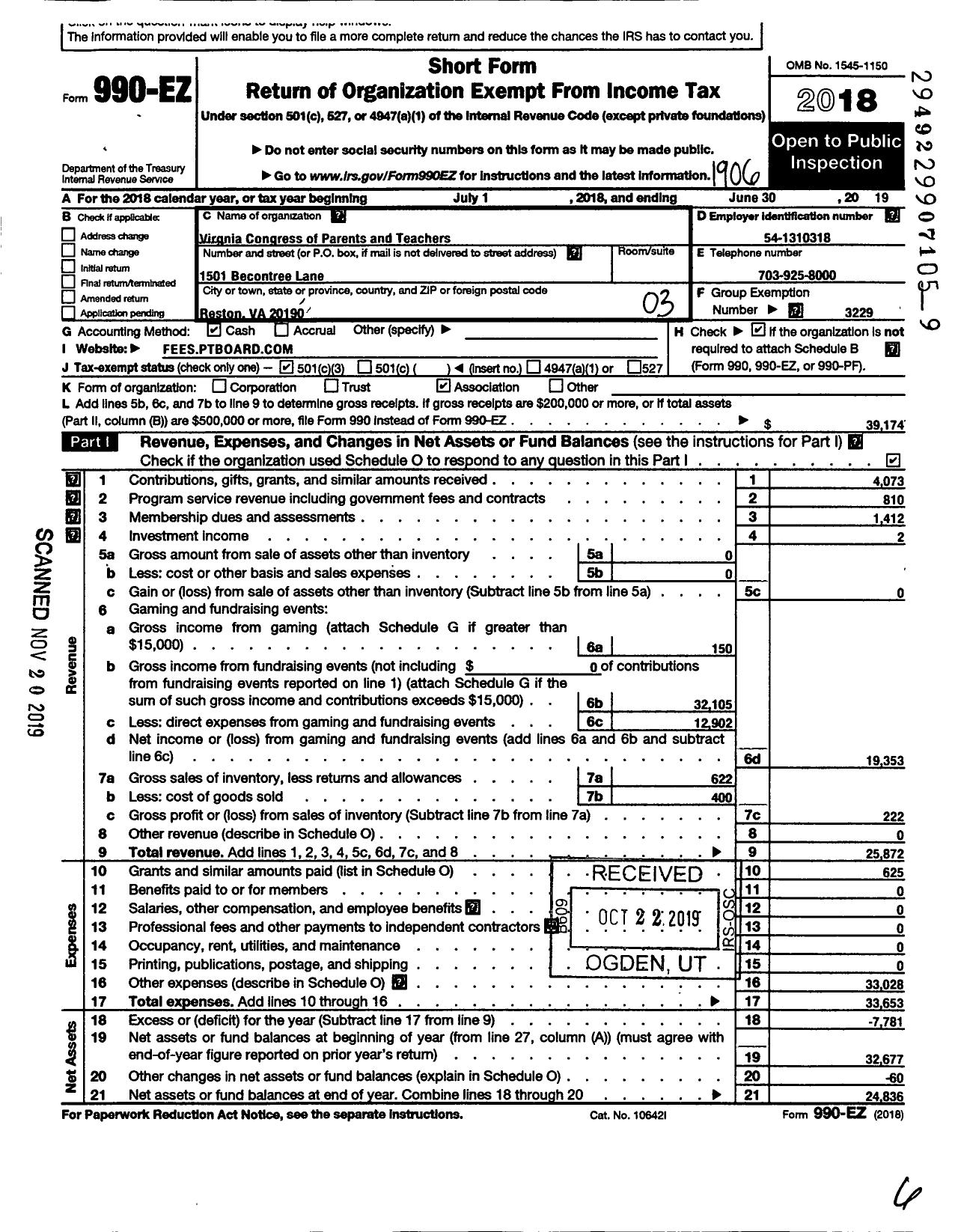 Image of first page of 2018 Form 990EZ for Virginia PTA - Forest Edge Elem PTA
