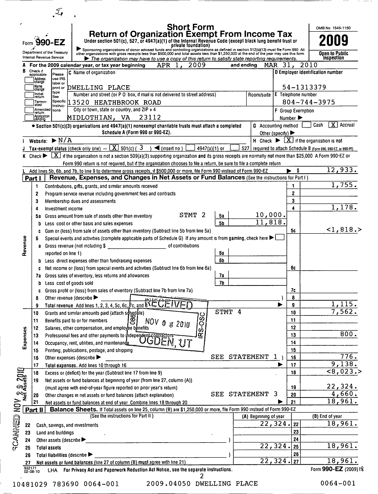 Image of first page of 2009 Form 990EZ for Dwelling Place