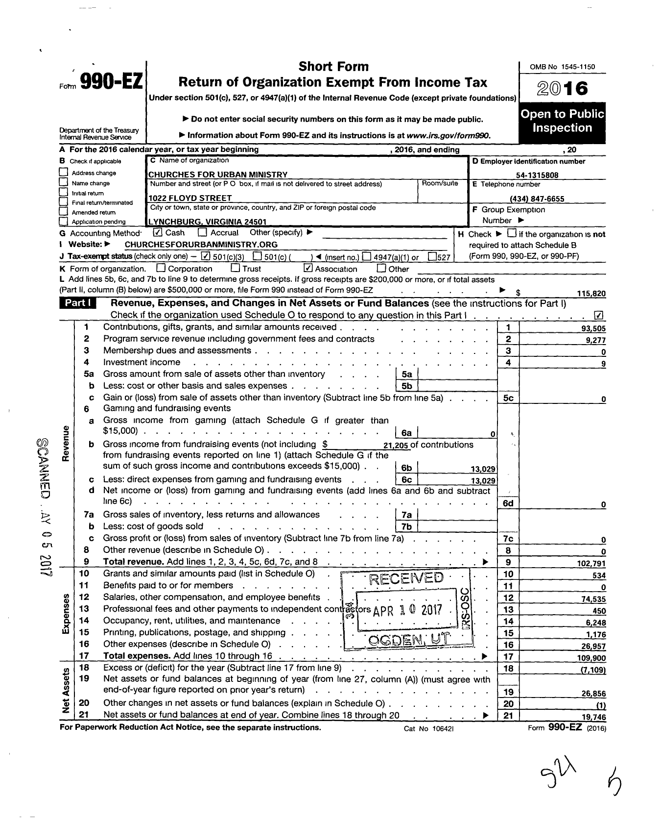 Image of first page of 2016 Form 990EZ for Churches for Urban Ministry