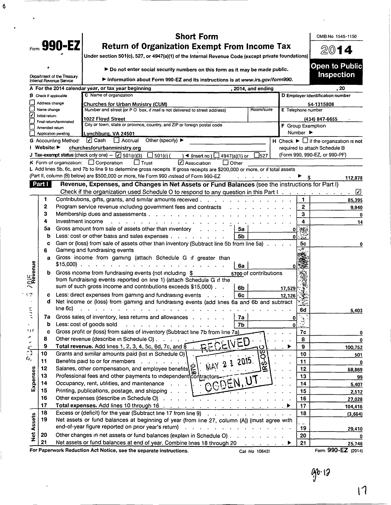 Image of first page of 2014 Form 990EZ for Churches for Urban Ministry