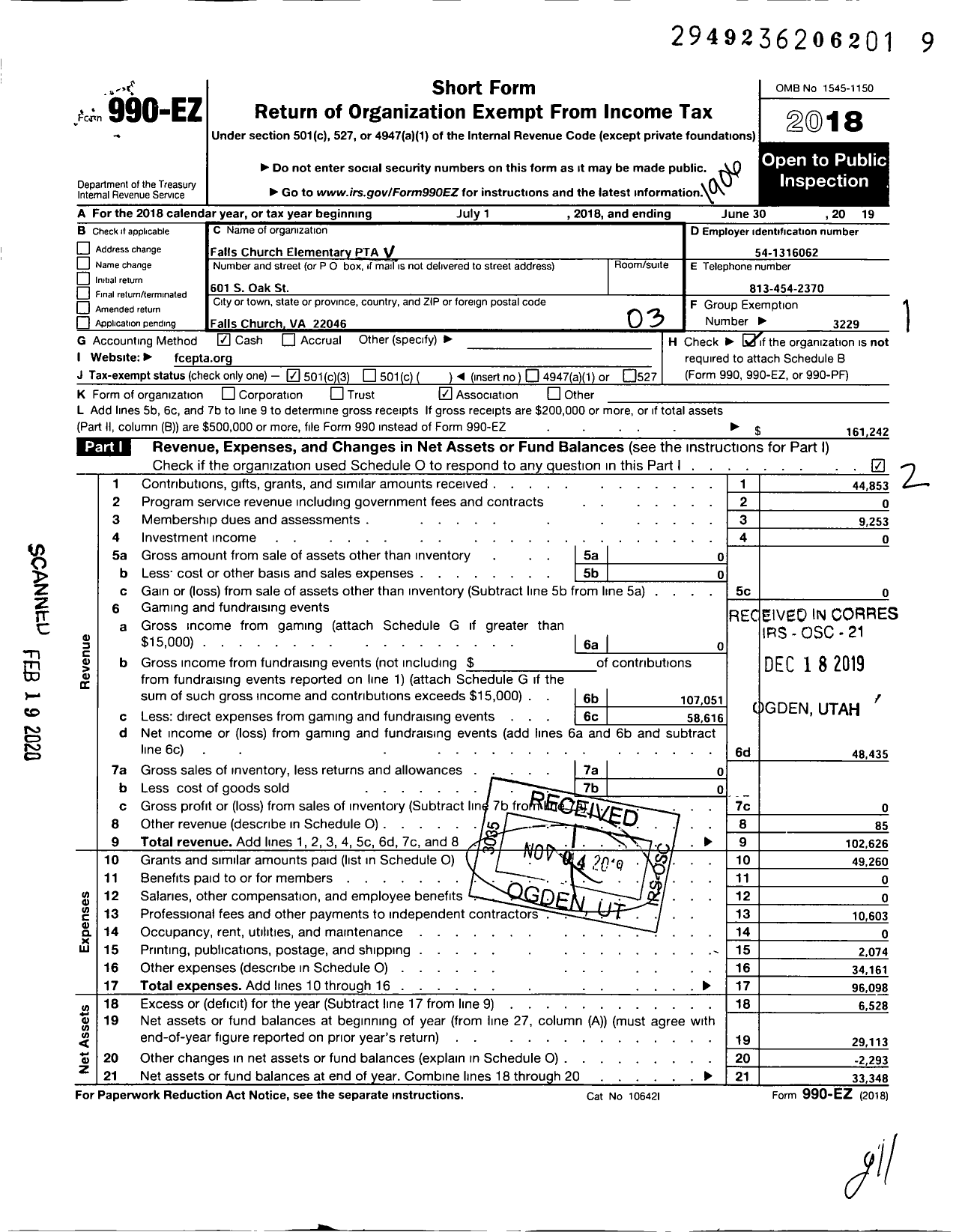 Image of first page of 2018 Form 990EZ for Virginia PTA - Falls Church Elementary PTA