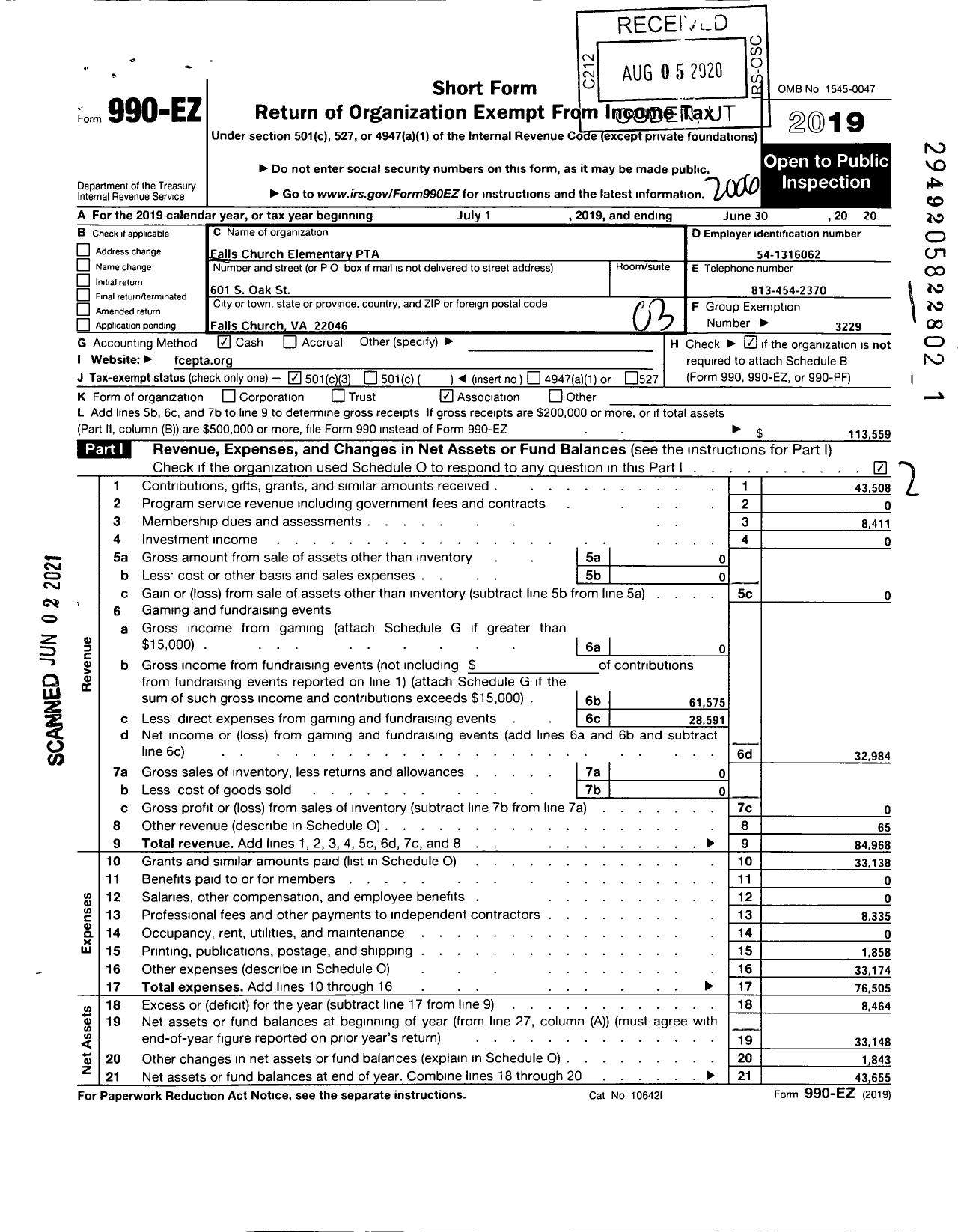 Image of first page of 2019 Form 990EZ for Virginia PTA - Falls Church Elementary PTA