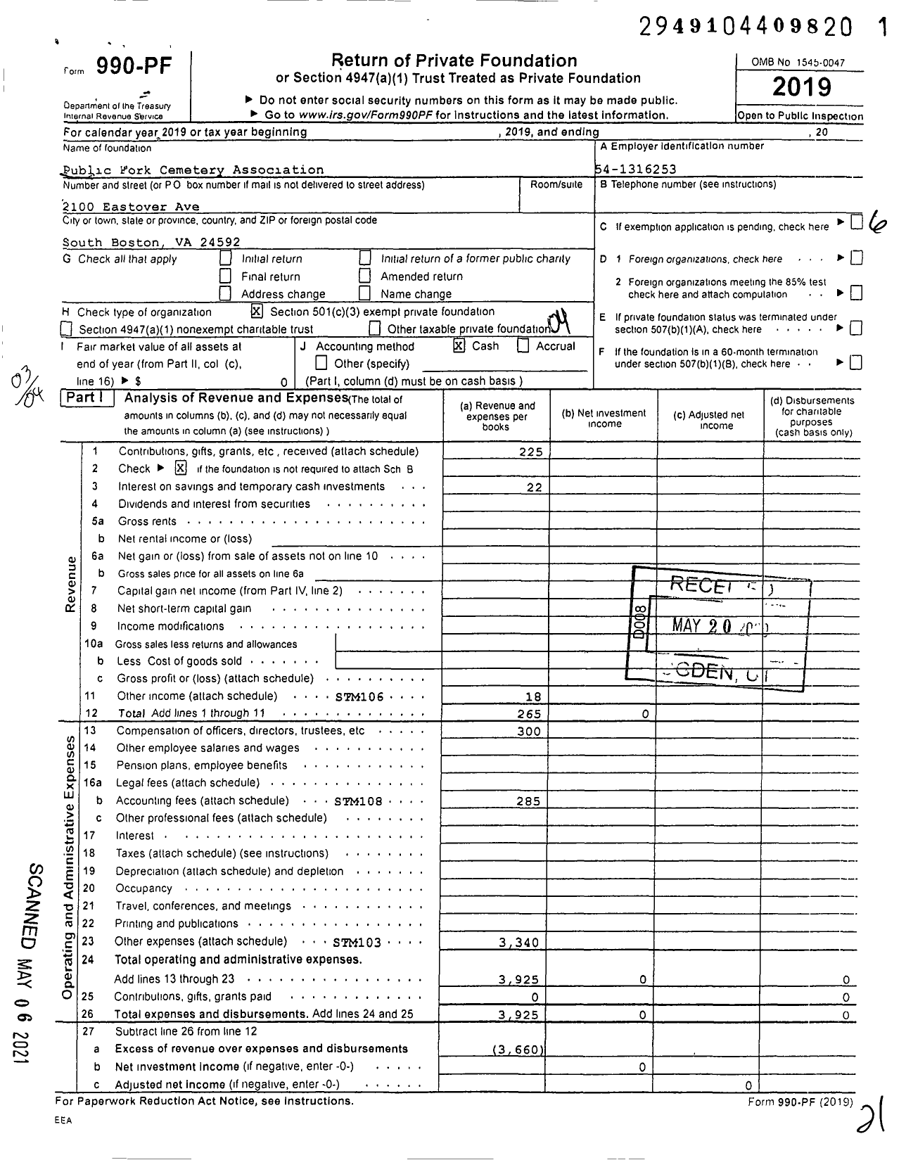 Image of first page of 2019 Form 990PF for Public Fork Cemetery Association