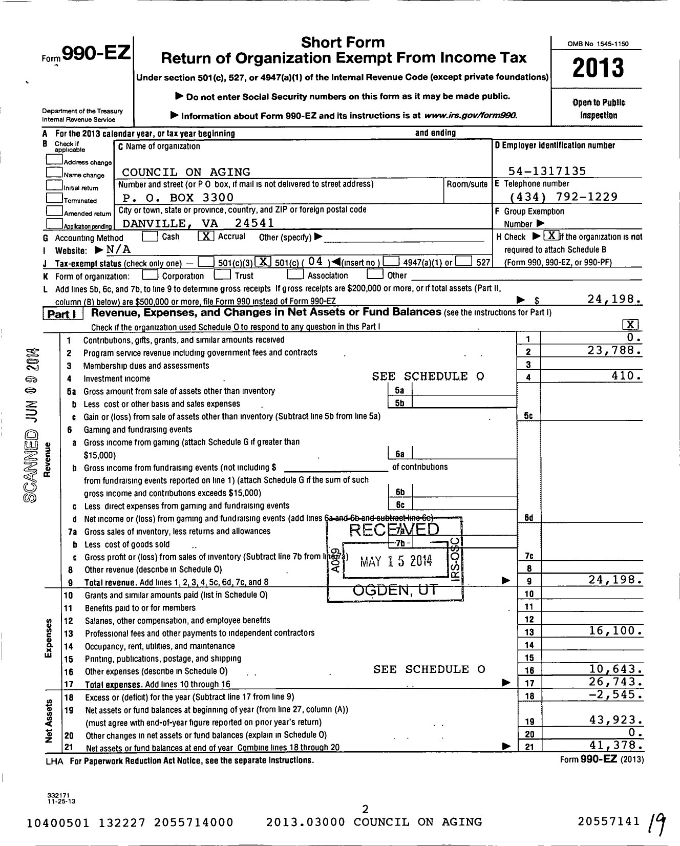 Image of first page of 2013 Form 990EO for Council on Aging